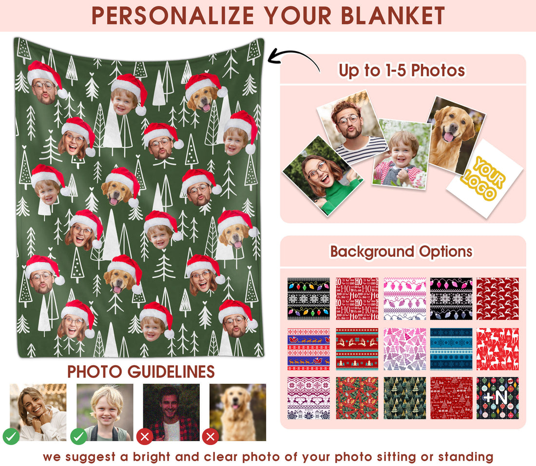 Custom Christmas Blanket with Face, Personalized Funny Christmas Blankets with Photos Multi Background Colors, Customized Photo Blanket Xmas Gift for Family Couple Pet Lovers Home Decoration Style 21