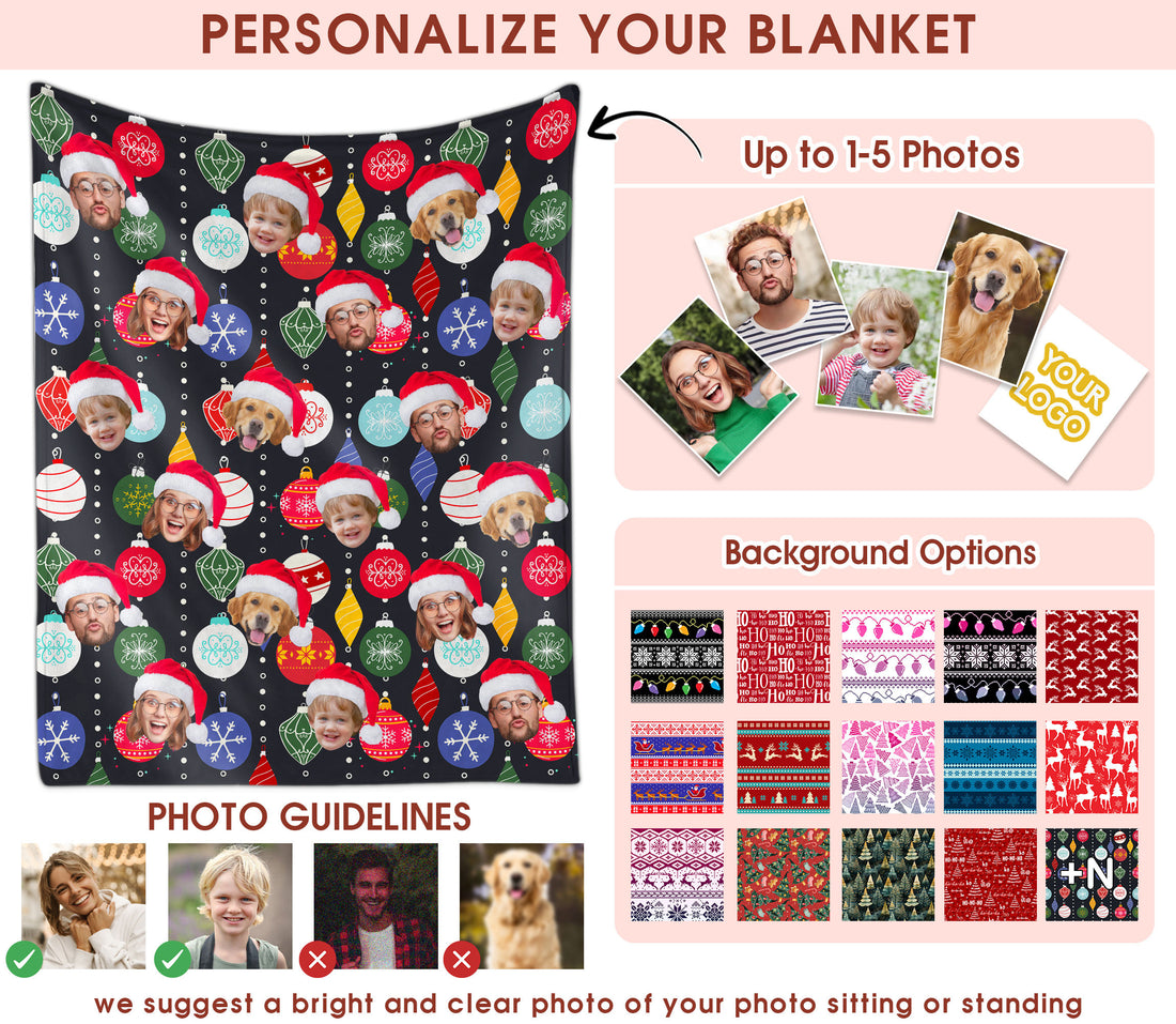 Custom Christmas Blanket with Face, Personalized Funny Christmas Blankets with Photos Multi Background Colors, Customized Photo Blanket Xmas Gift for Family Couple Pet Lovers Home Decoration Style 22