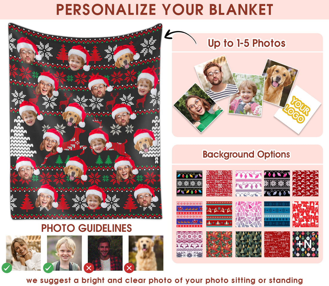 Custom Christmas Blanket with Face, Personalized Funny Christmas Blankets with Photos Multi Background Colors, Customized Photo Blanket Xmas Gift for Family Couple Pet Lovers Home Decoration Style 23