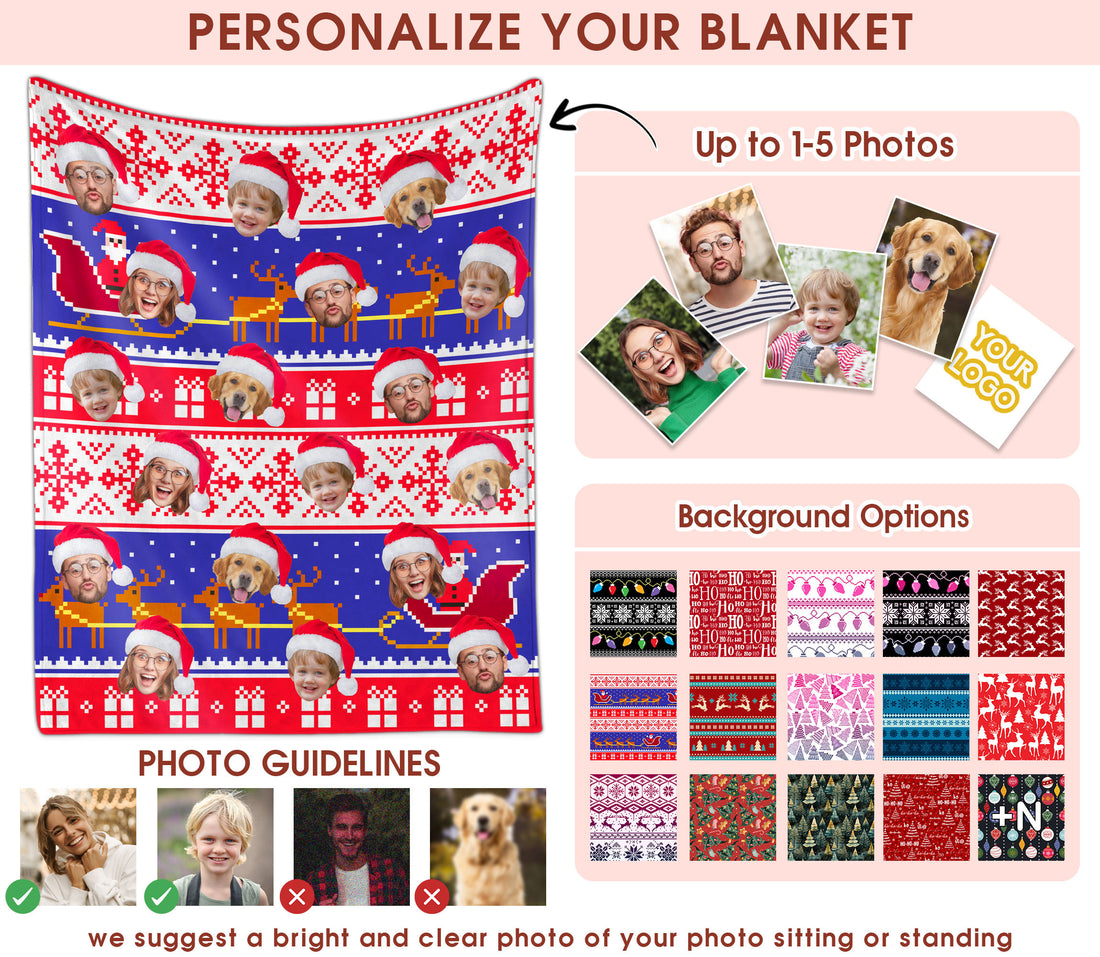 Custom Christmas Blanket with Face, Personalized Funny Christmas Blankets with Photos Multi Background Colors, Customized Photo Blanket Xmas Gift for Family Couple Pet Lovers Home Decoration Style 24