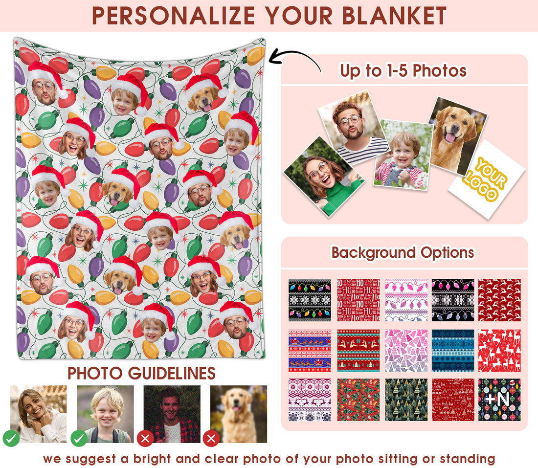 Custom Christmas Blanket with Face, Personalized Funny Christmas Blankets with Photos Multi Background Colors, Customized Photo Blanket Xmas Gift for Family Couple Pet Lovers Home Decoration Style 25