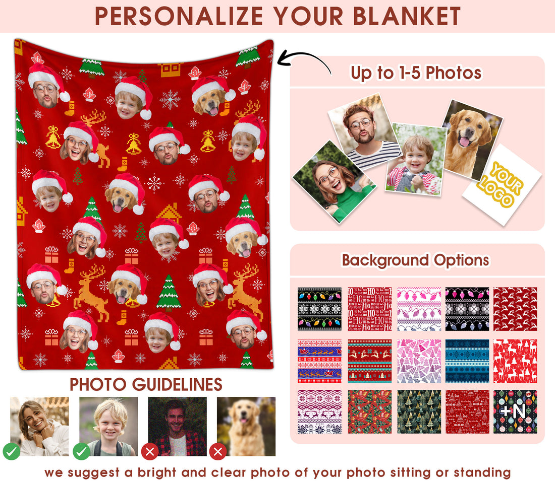 Custom Christmas Blanket with Face, Personalized Funny Christmas Blankets with Photos Multi Background Colors, Customized Photo Blanket Xmas Gift for Family Couple Pet Lovers Home Decoration Style 26