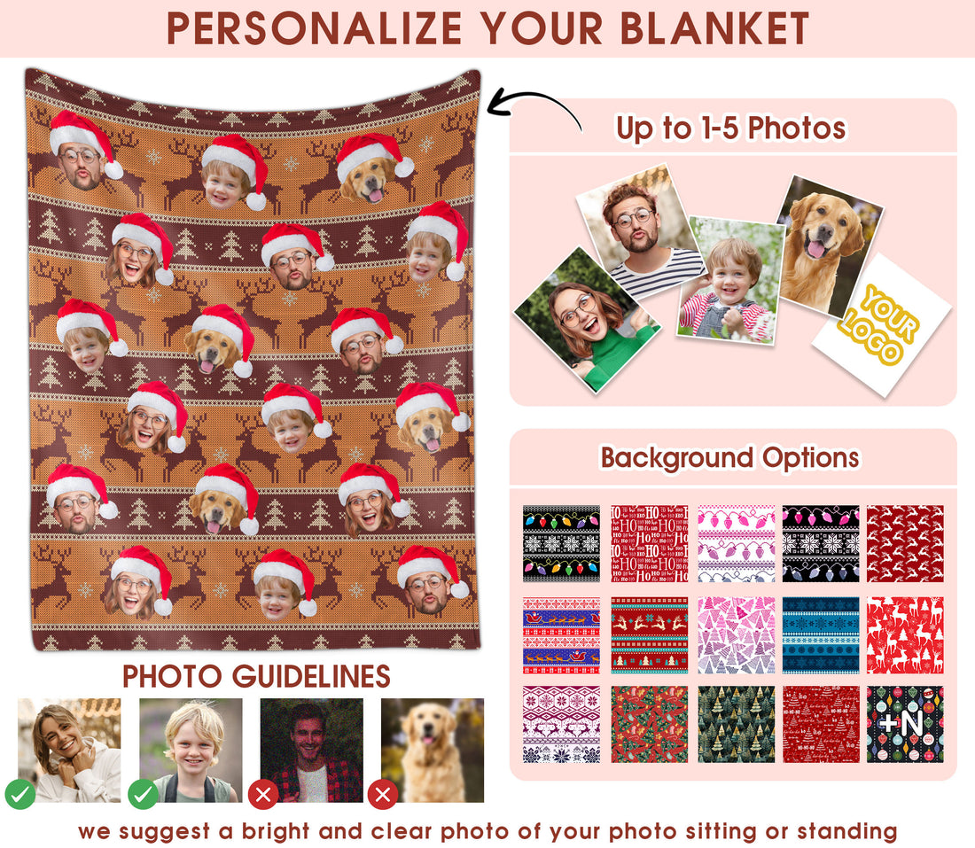 Custom Christmas Blanket with Face, Personalized Funny Christmas Blankets with Photos Multi Background Colors, Customized Photo Blanket Xmas Gift for Family Couple Pet Lovers Home Decoration Style 27