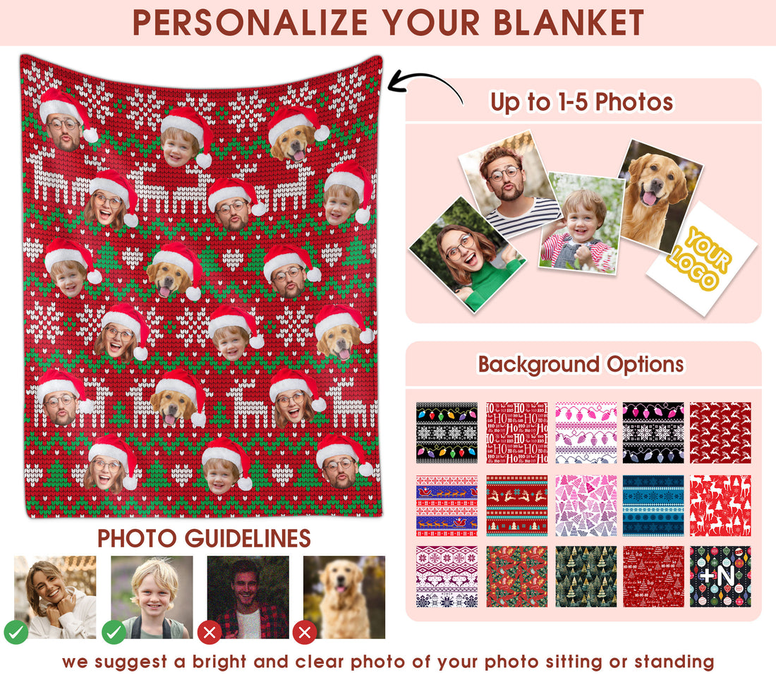 Custom Christmas Blanket with Face, Personalized Funny Christmas Blankets with Photos Multi Background Colors, Customized Photo Blanket Xmas Gift for Family Couple Pet Lovers Home Decoration Style 28