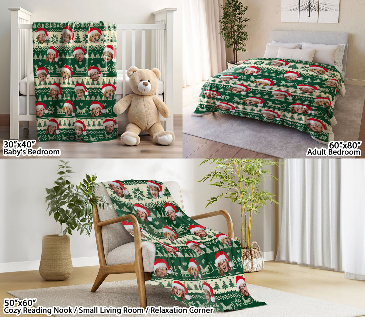 Custom Christmas Blanket with Face Photo, Personalized Face Picture Christmas Blanket, Xmas Gift for Holiday Season