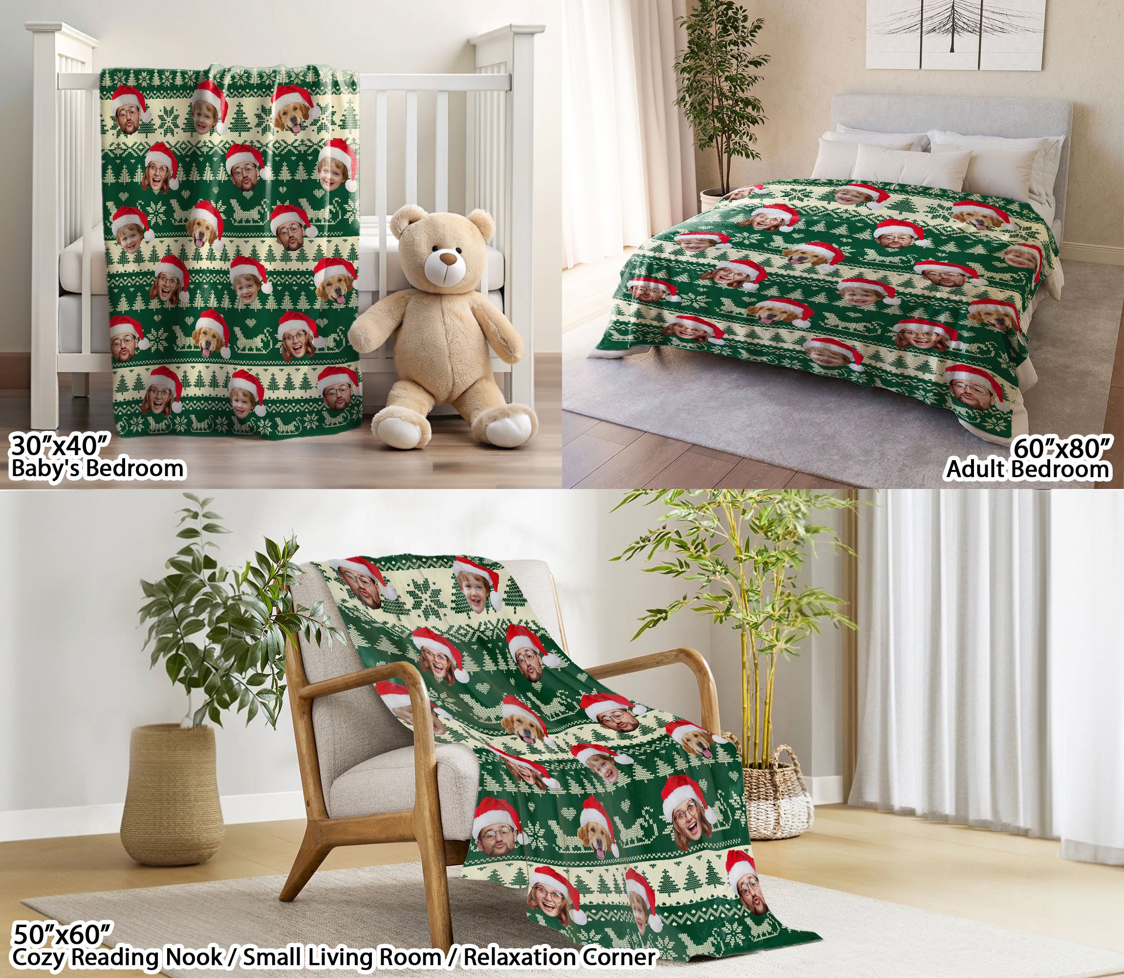 Custom Christmas Blanket with Face Photo, Personalized Face Picture Christmas Blanket, Xmas Gift for Holiday Season