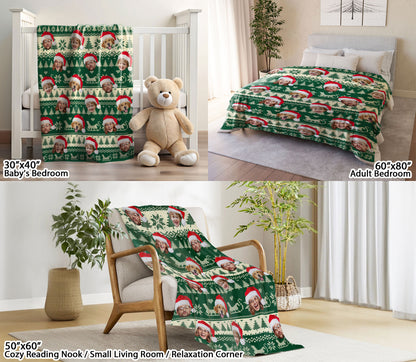 Custom Christmas Blanket with Face Photo, Personalized Face Picture Christmas Blanket, Xmas Gift for Holiday Season