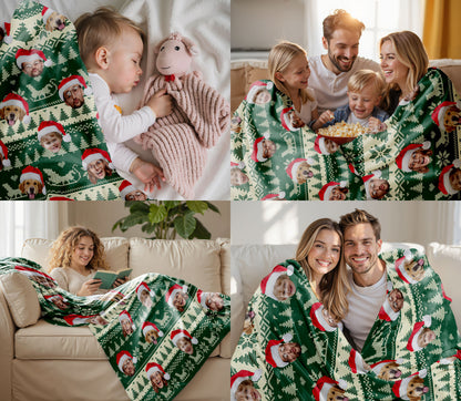 Custom Christmas Blanket with Face Photo, Personalized Face Picture Christmas Blanket, Xmas Gift for Holiday Season