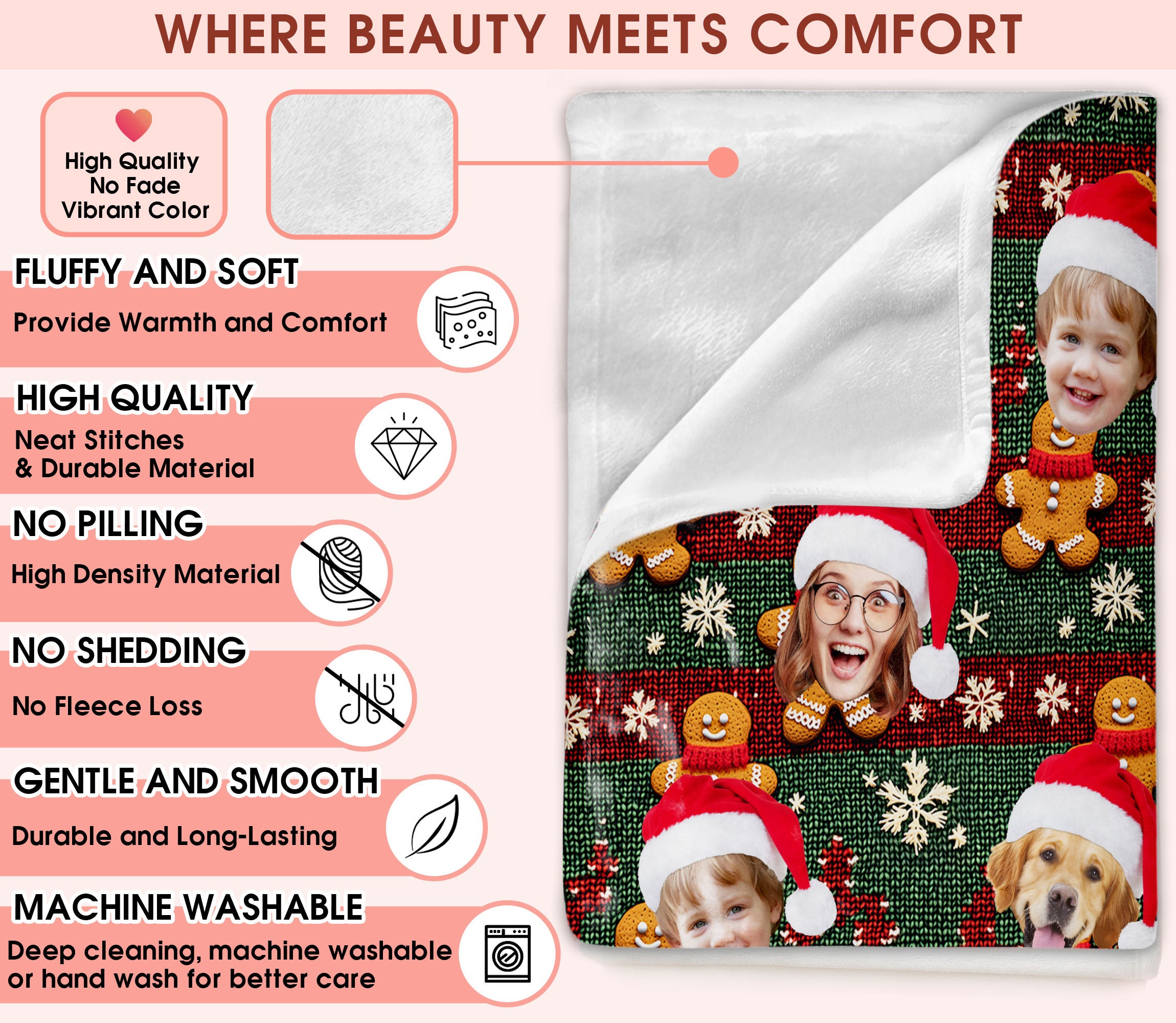 Custom Christmas Blanket with Face, Personalized Funny Christmas Blankets with Photos Multi Background Colors, Customized Photo Blanket Xmas Gift for Family Couple Pet Lovers Home Decoration Style 14