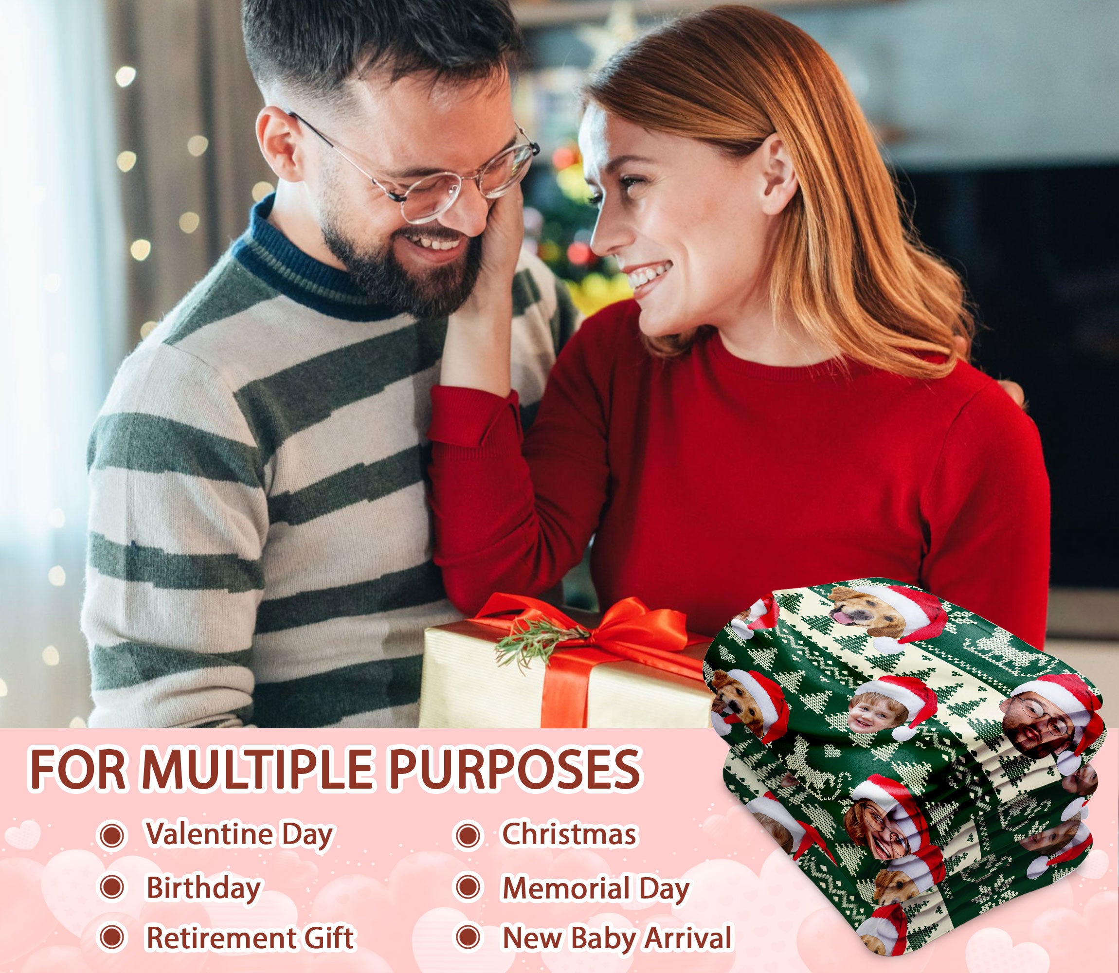 Custom Christmas Blanket with Face Photo, Personalized Face Picture Christmas Blanket, Xmas Gift for Holiday Season
