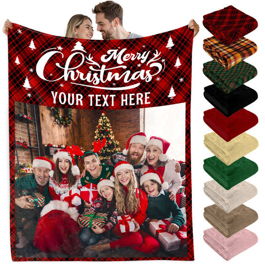 Customized Christmas Blanket with Photos Text, Personalized Blanket with Pictures Text Multi Background Colors, Custom Photo Christmas Blankets Gift for Couples, Family, Pet Lovers (1 Photo)