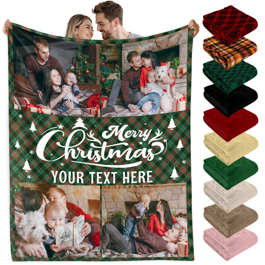 Customized Christmas Blanket with Photos Text, Custom Photo Blanket With Text Picture Collage Multi Background Colors, Customized Sherpa Fleece Picture Throw Blankets Gift For Christmas Thanksgiving (4 Photos)