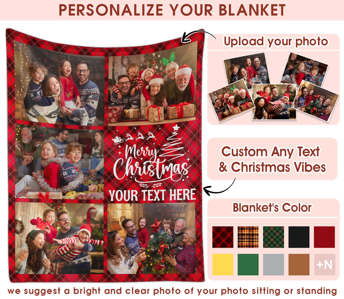 Customized Christmas Blanket with Photos Text, Custom Photo Blanket For Couples Family Multi Background Colors, Personalized Sherpa Fleece Picture Throw Blankets Gift For Christmas Thanksgiving (5 Photos)