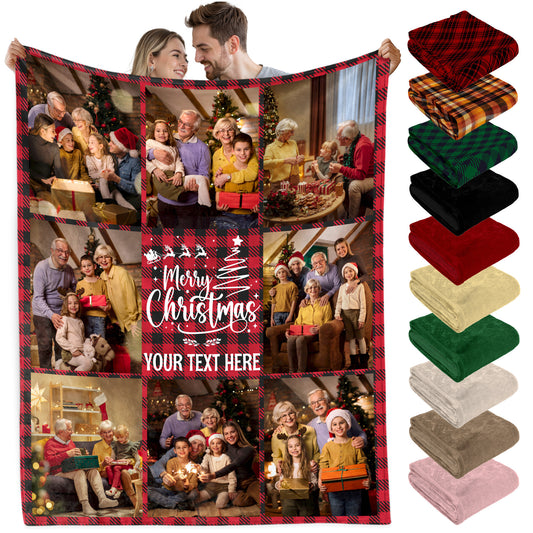 Customized Christmas Blanket with Photos Text, Personalized Photo Throw Blanket with Pictures Text Multi Background Colors, Custom Photos Blankets Christmas Gift for Couple Family Pet Lovers (8 Photos)