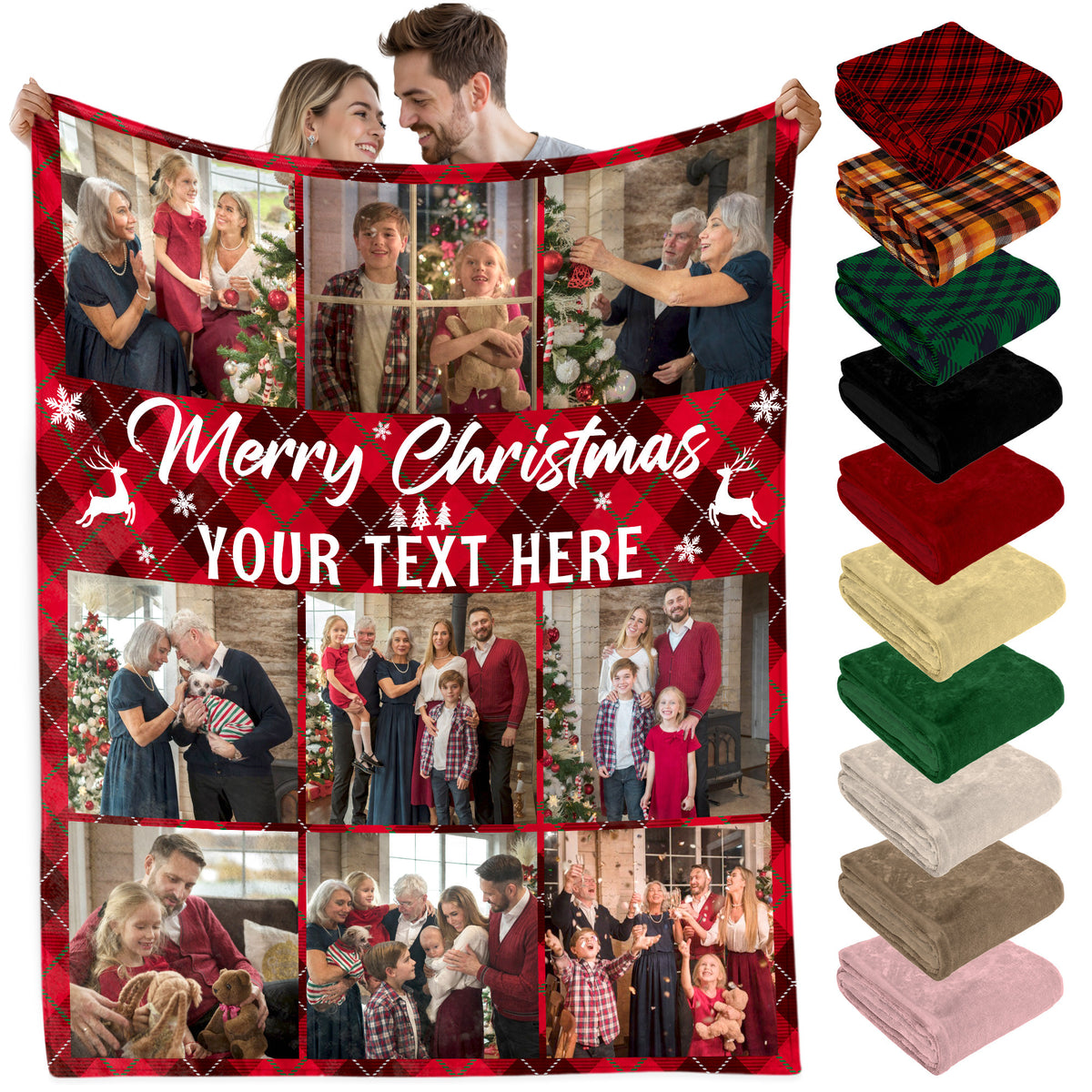 Customized Christmas Blanket with Photos Text, Personalized Photo Blanket with Text Multi Background Colors, Custom Photo Blankets Christmas Gifts For Mom Dad from Son Daughter on Holiday Season (9 Photos)