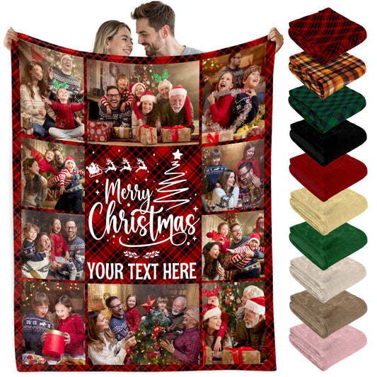Customized Christmas Blanket with Photos Text, Personalized Picture Throw Blanket with Text Multi Background Colors, Custom Photo Blankets Gift For Couples Family Pet Lovers on Christmas Thanksgiving (10 Photos)