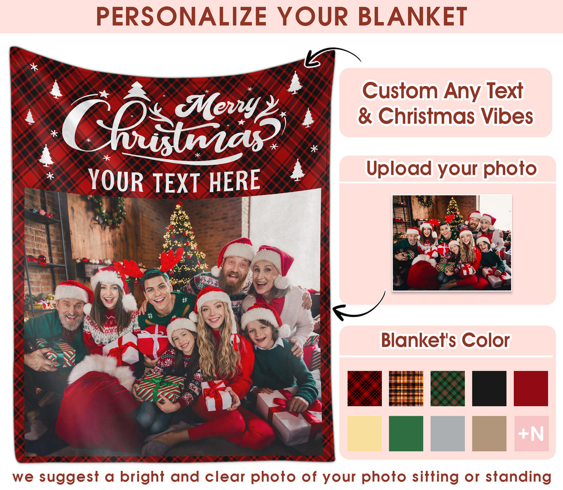 Customized Christmas Blanket with Photos Text, Personalized Blanket with Pictures Text Multi Background Colors, Custom Photo Christmas Blankets Gift for Couples, Family, Pet Lovers (1 Photo)