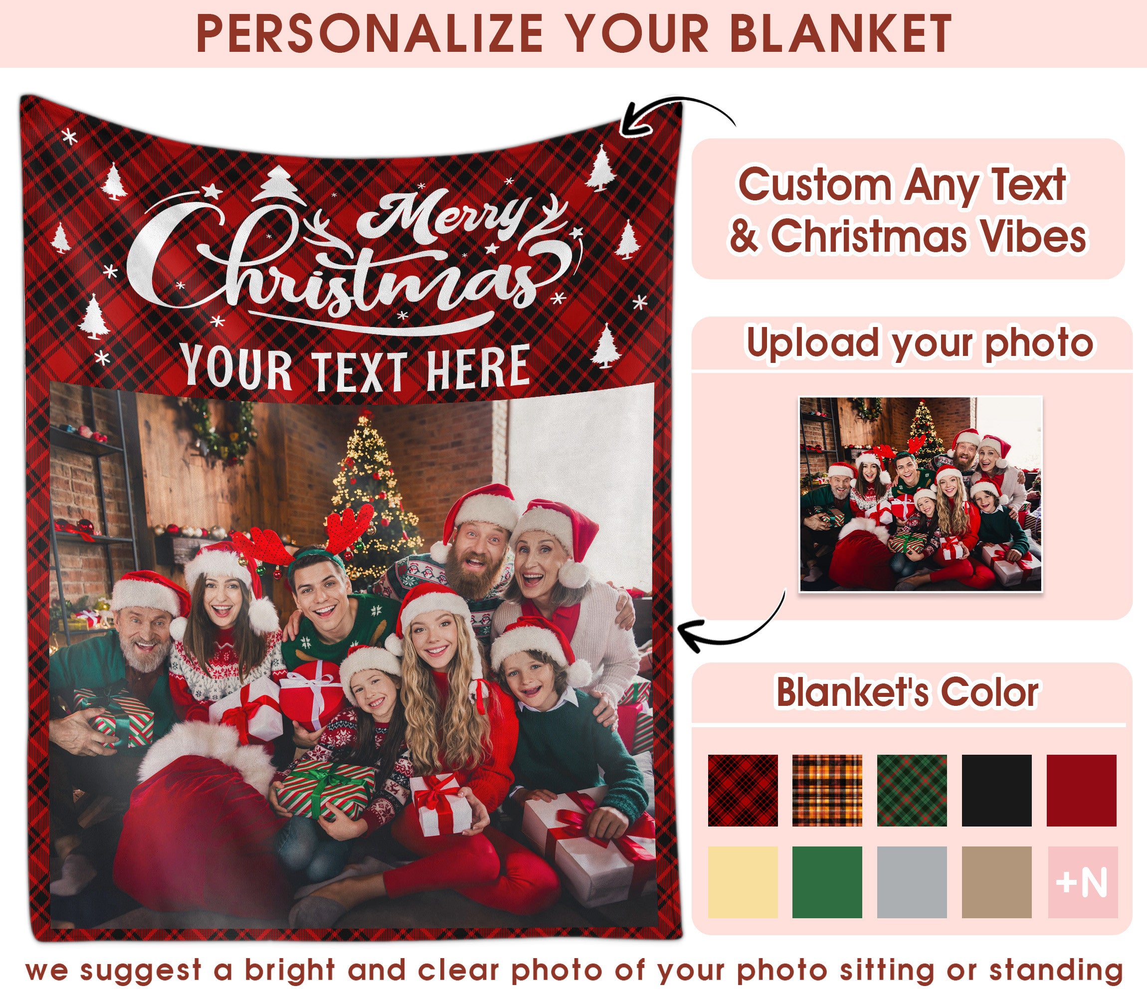 Customized Christmas Blanket with Photos Text, Personalized Blanket with Pictures Text Multi Background Colors, Custom Photo Christmas Blankets Gift for Couples, Family, Pet Lovers (1 Photo)