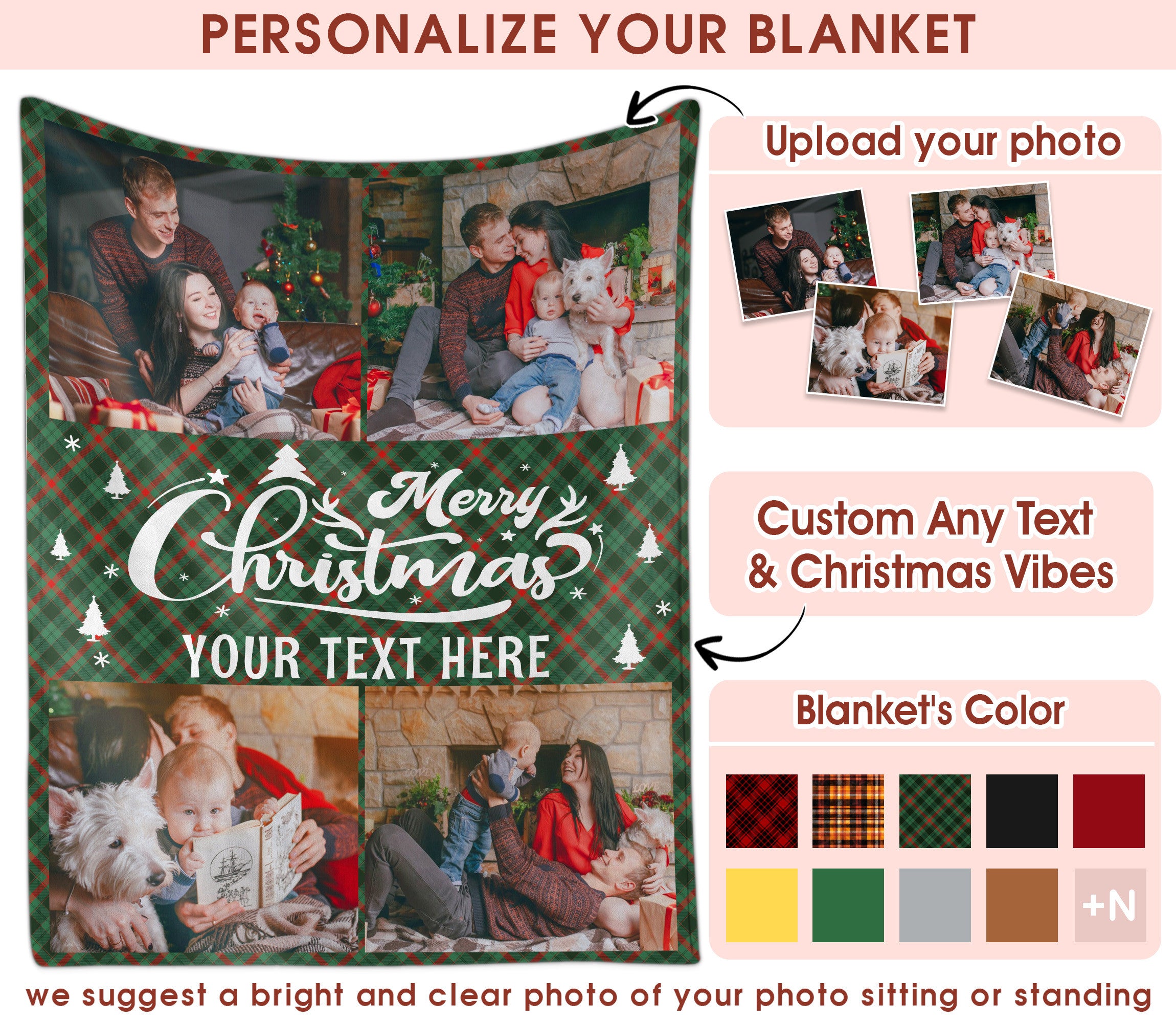 Customized Christmas Blanket with Photos Text, Custom Photo Blanket With Text Picture Collage Multi Background Colors, Customized Sherpa Fleece Picture Throw Blankets Gift For Christmas Thanksgiving (4 Photos)