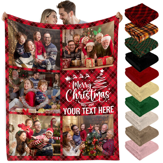 Customized Christmas Blanket with Photos Text, Custom Photo Blanket For Couples Family Multi Background Colors, Personalized Sherpa Fleece Picture Throw Blankets Gift For Christmas Thanksgiving (5 Photos)