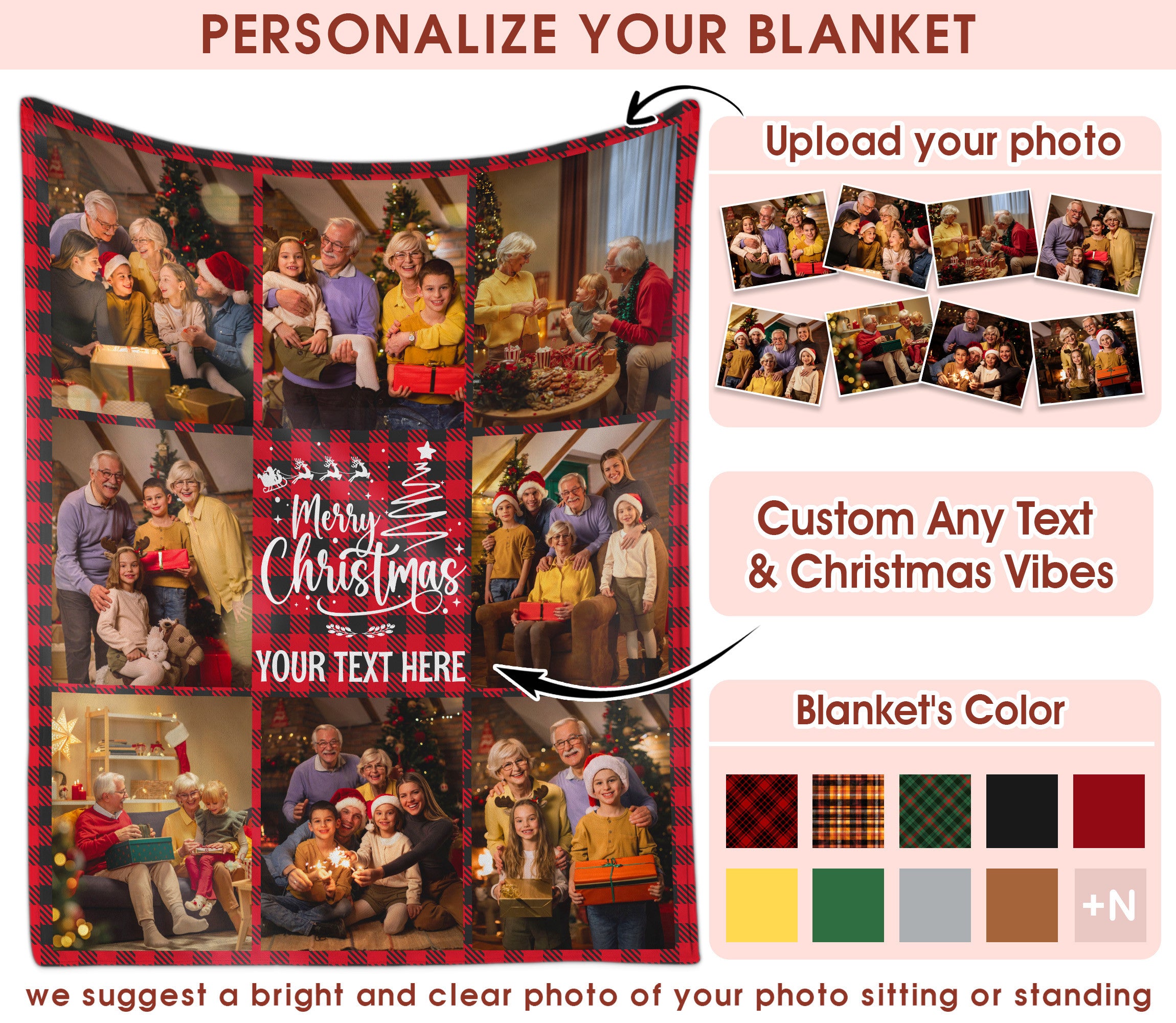 Customized Christmas Blanket with Photos Text, Personalized Photo Throw Blanket with Pictures Text Multi Background Colors, Custom Photos Blankets Christmas Gift for Couple Family Pet Lovers (8 Photos)