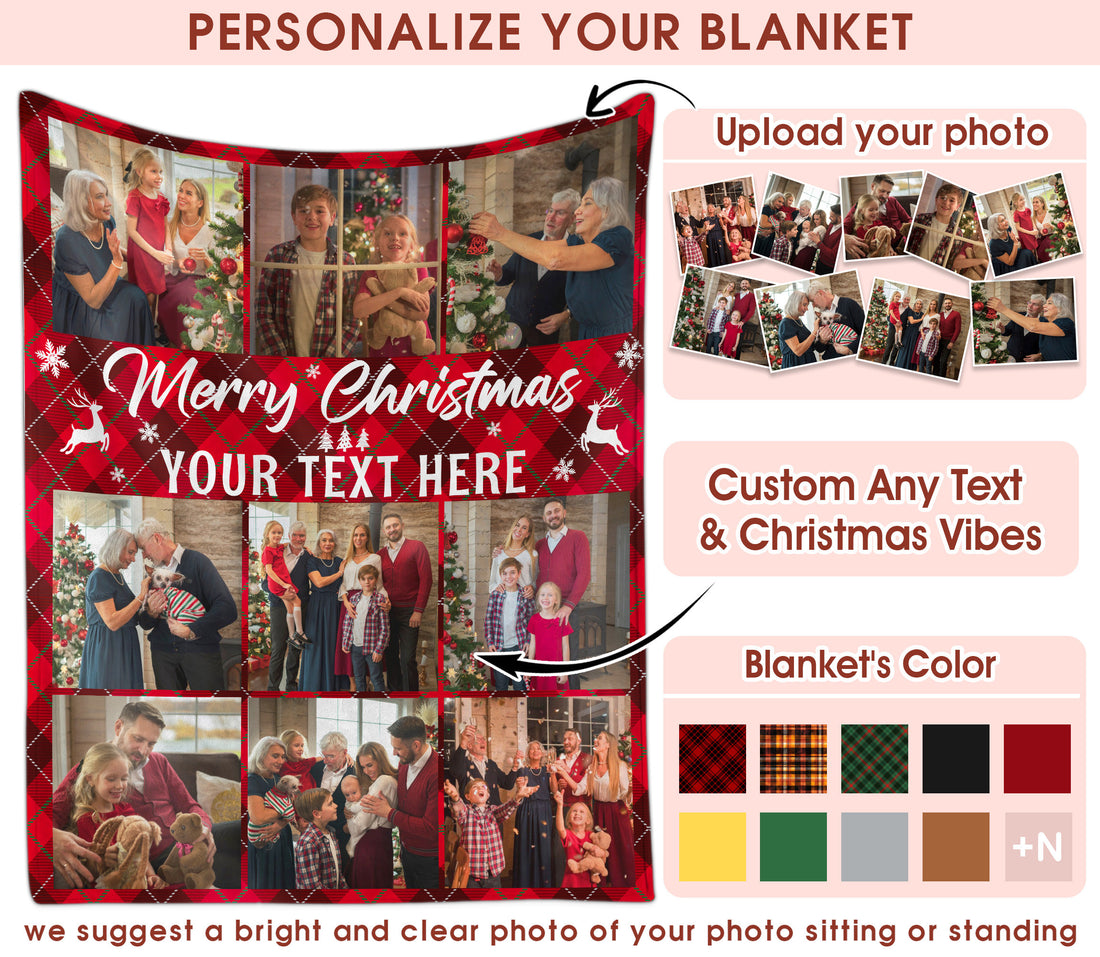 Customized Christmas Blanket with Photos Text, Personalized Photo Blanket with Text Multi Background Colors, Custom Photo Blankets Christmas Gifts For Mom Dad from Son Daughter on Holiday Season (9 Photos)