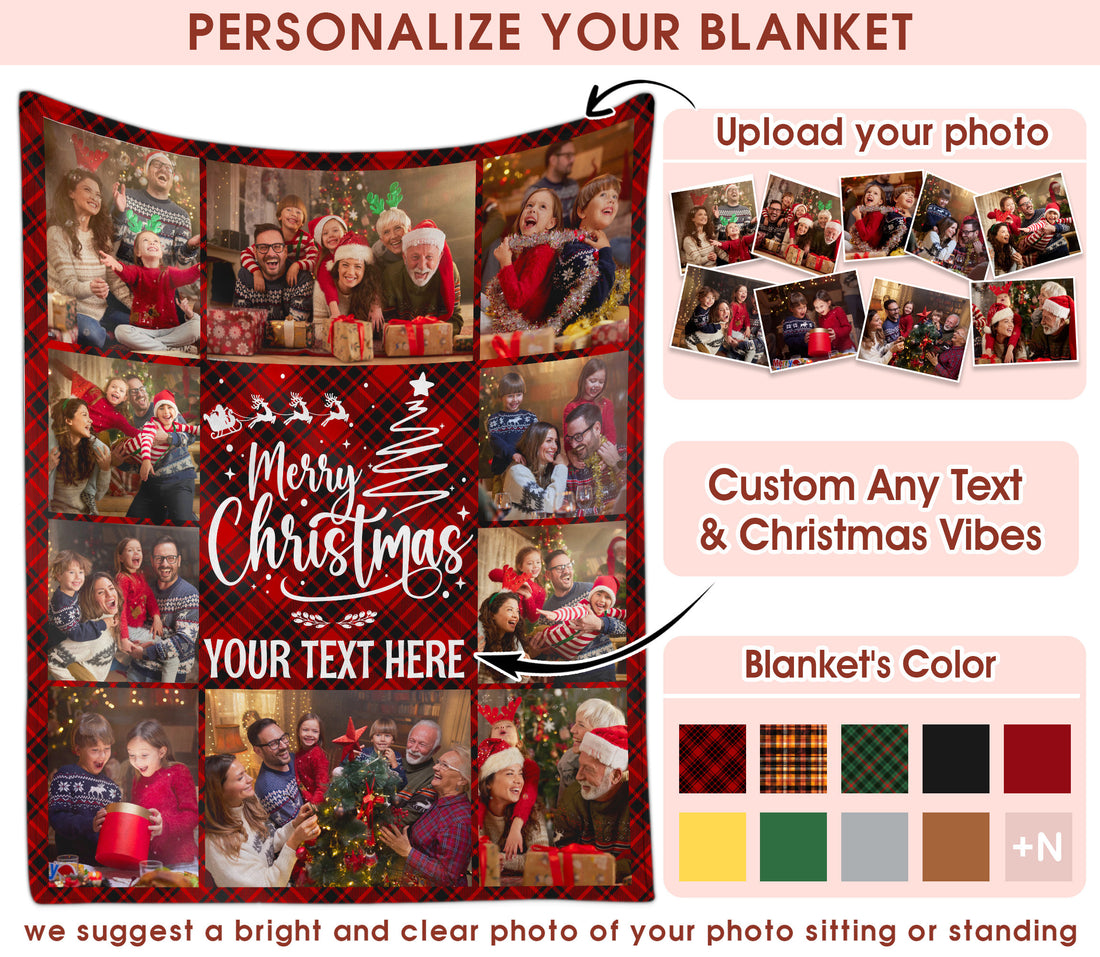 Customized Christmas Blanket with Photos Text, Personalized Picture Throw Blanket with Text Multi Background Colors, Custom Photo Blankets Gift For Couples Family Pet Lovers on Christmas Thanksgiving (10 Photos)