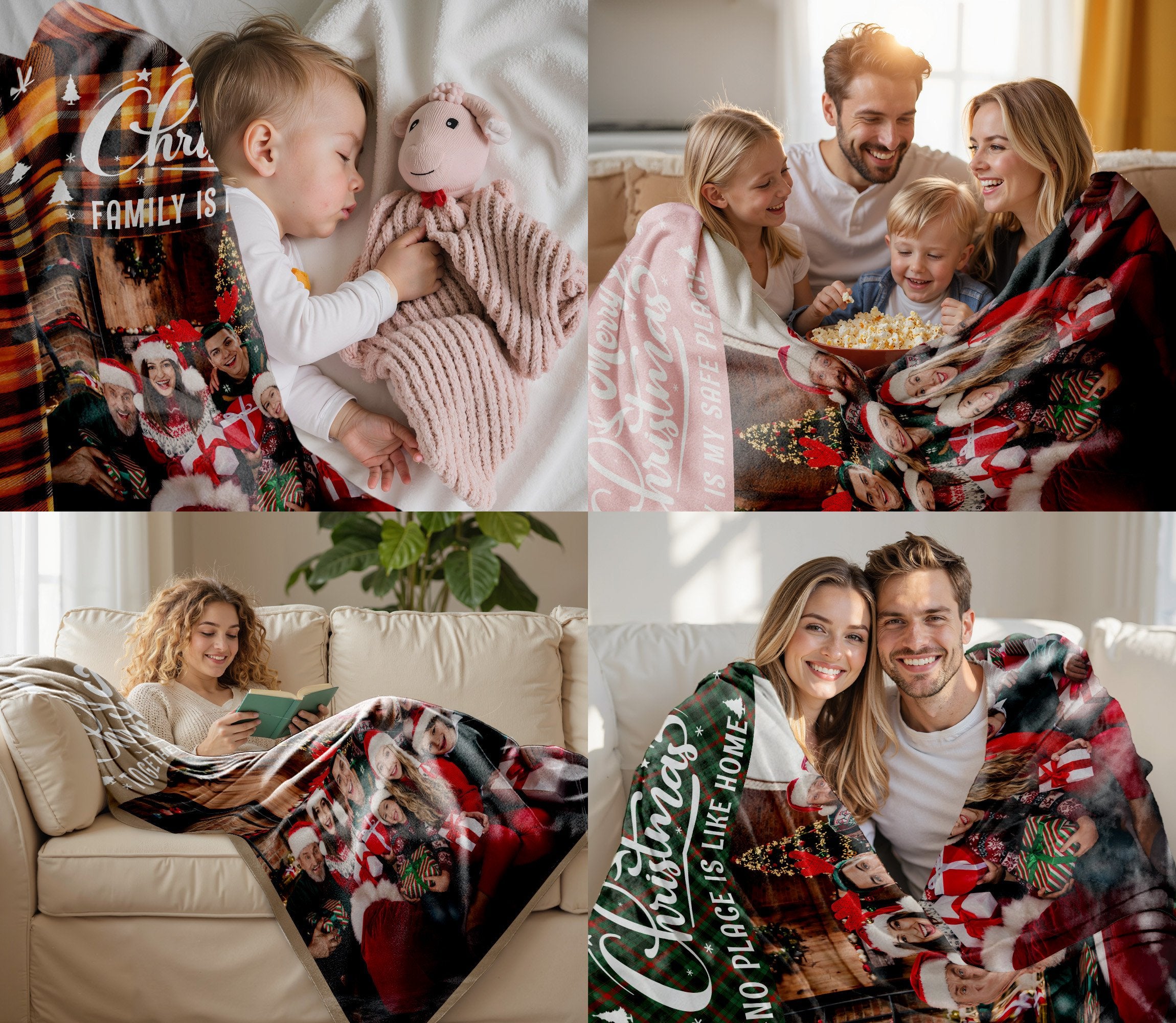 Customized Christmas Blanket with Photos Text, Personalized Blanket with Pictures Text Multi Background Colors, Custom Photo Christmas Blankets Gift for Couples, Family, Pet Lovers (1 Photo)