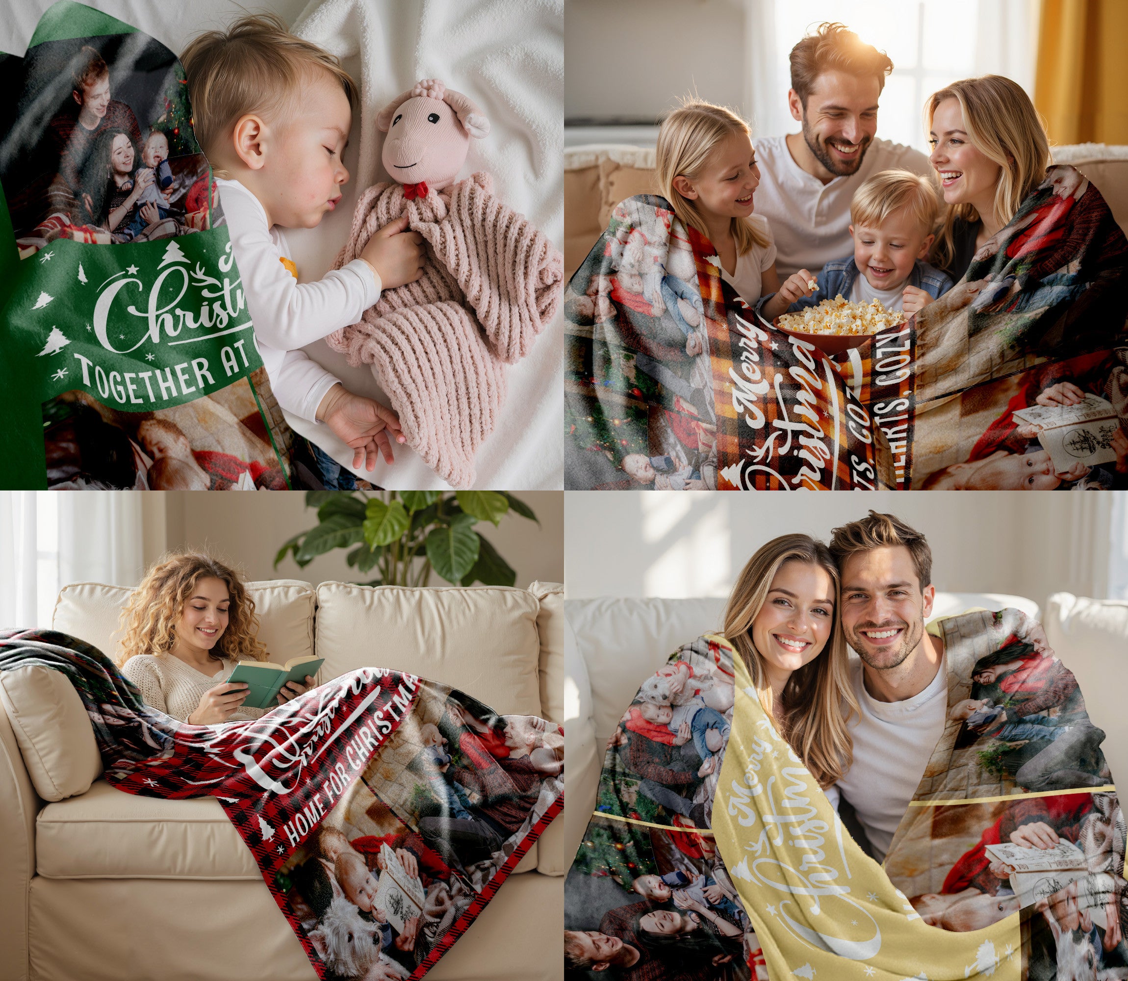 Customized Christmas Blanket with Photos Text, Custom Photo Blanket With Text Picture Collage Multi Background Colors, Customized Sherpa Fleece Picture Throw Blankets Gift For Christmas Thanksgiving (4 Photos)