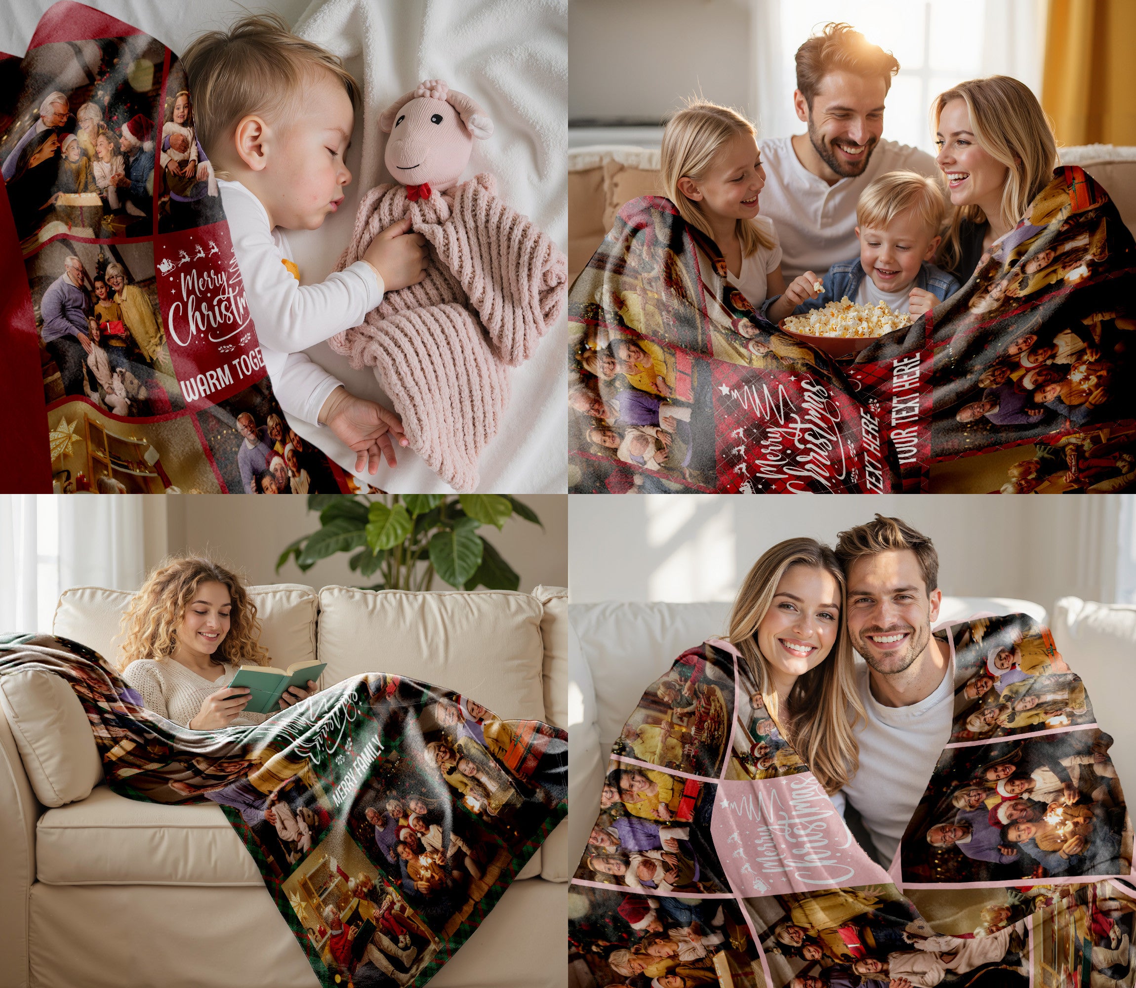 Customized Christmas Blanket with Photos Text, Personalized Photo Throw Blanket with Pictures Text Multi Background Colors, Custom Photos Blankets Christmas Gift for Couple Family Pet Lovers (8 Photos)