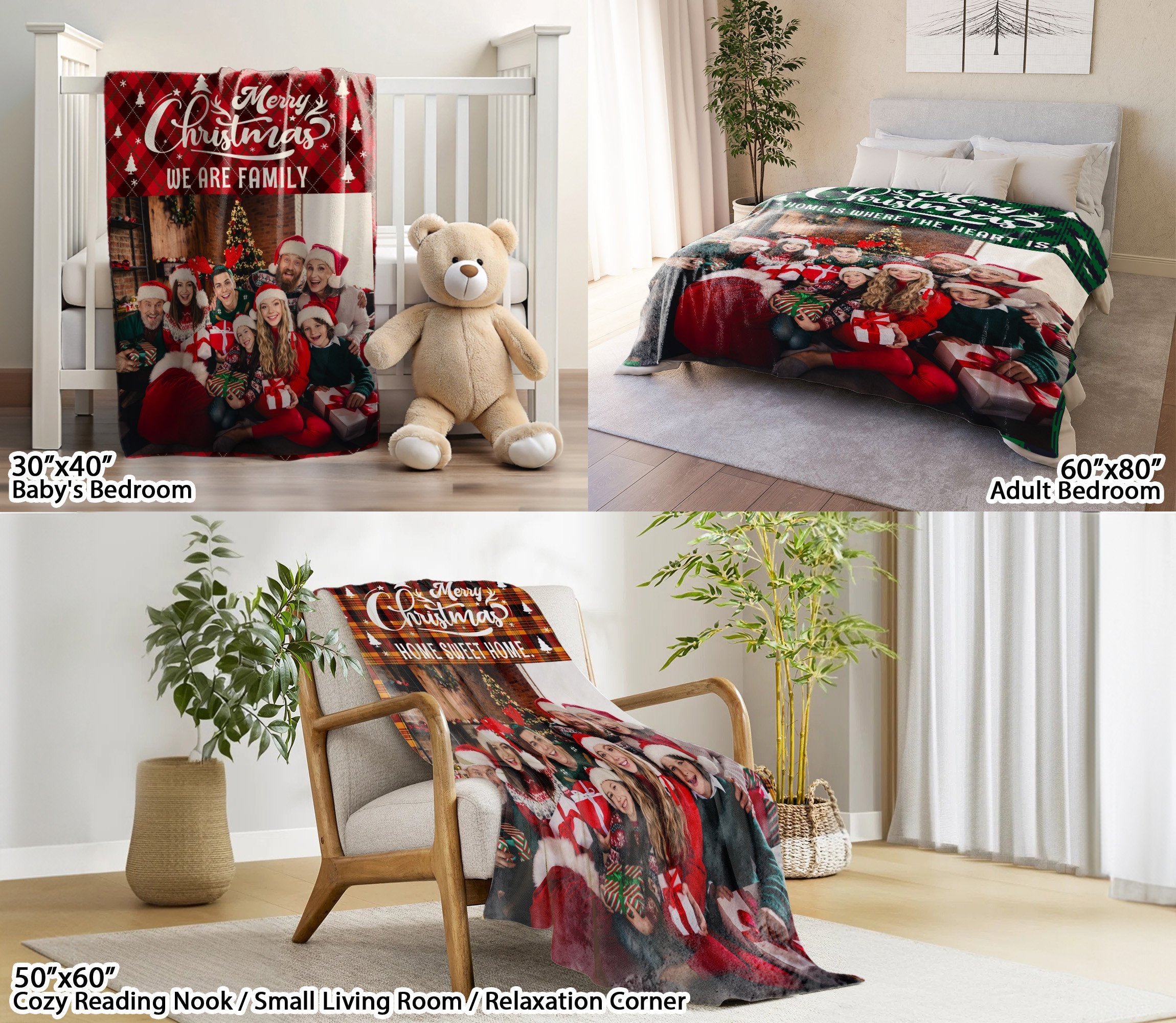 Customized Christmas Blanket with Photos Text, Personalized Blanket with Pictures Text Multi Background Colors, Custom Photo Christmas Blankets Gift for Couples, Family, Pet Lovers (1 Photo)