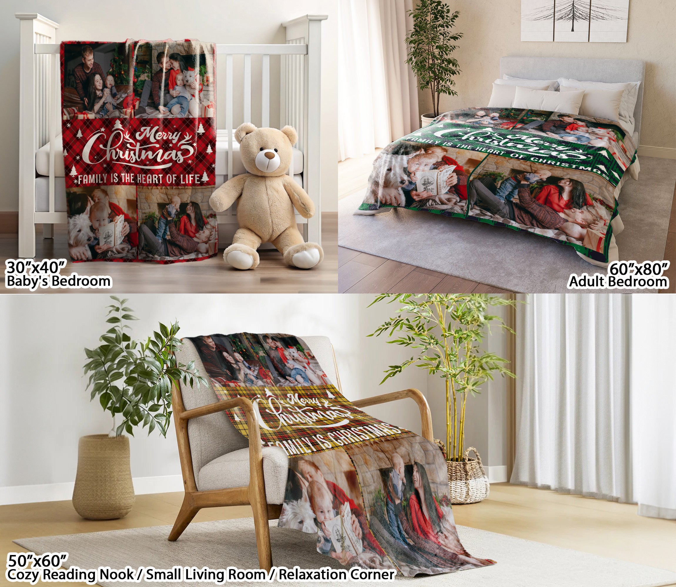 Customized Christmas Blanket with Photos Text, Custom Photo Blanket With Text Picture Collage Multi Background Colors, Customized Sherpa Fleece Picture Throw Blankets Gift For Christmas Thanksgiving (4 Photos)