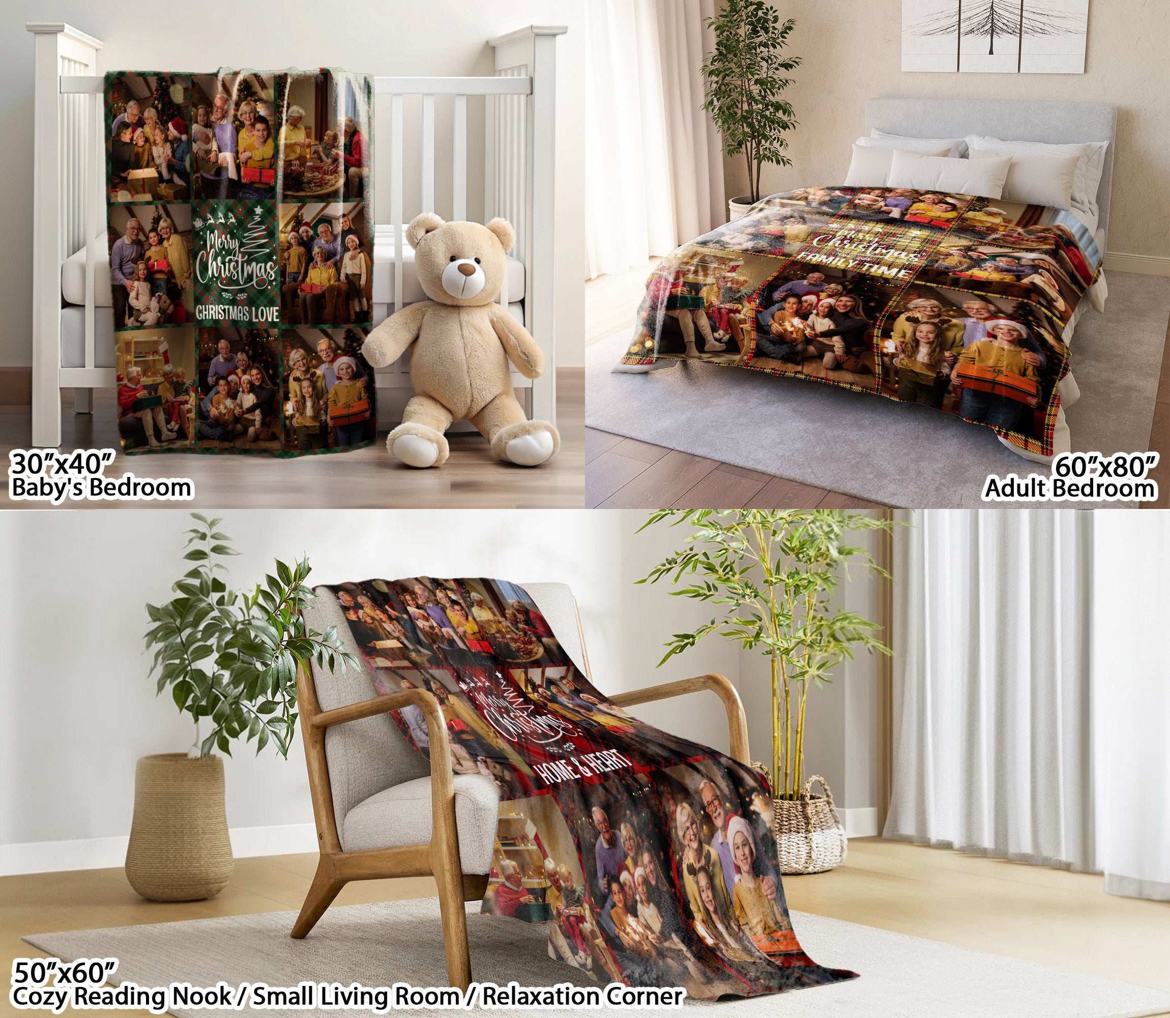 Customized Christmas Blanket with Photos Text, Personalized Photo Throw Blanket with Pictures Text Multi Background Colors, Custom Photos Blankets Christmas Gift for Couple Family Pet Lovers (8 Photos)