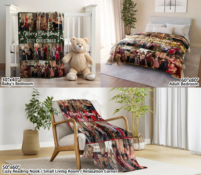 Customized Christmas Blanket with Photos Text, Personalized Photo Blanket with Text Multi Background Colors, Custom Photo Blankets Christmas Gifts For Mom Dad from Son Daughter on Holiday Season (9 Photos)