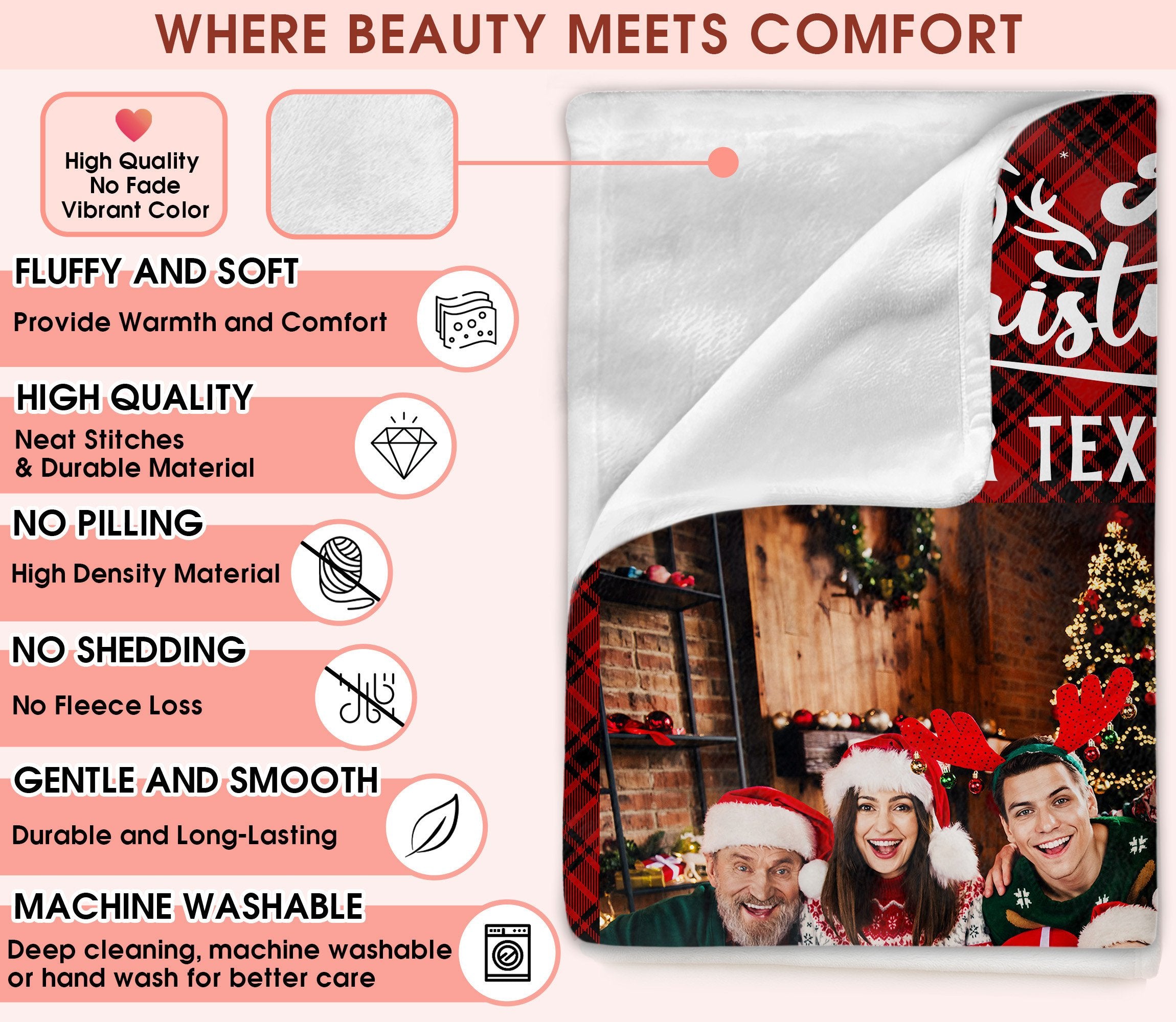 Customized Christmas Blanket with Photos Text, Personalized Blanket with Pictures Text Multi Background Colors, Custom Photo Christmas Blankets Gift for Couples, Family, Pet Lovers (1 Photo)