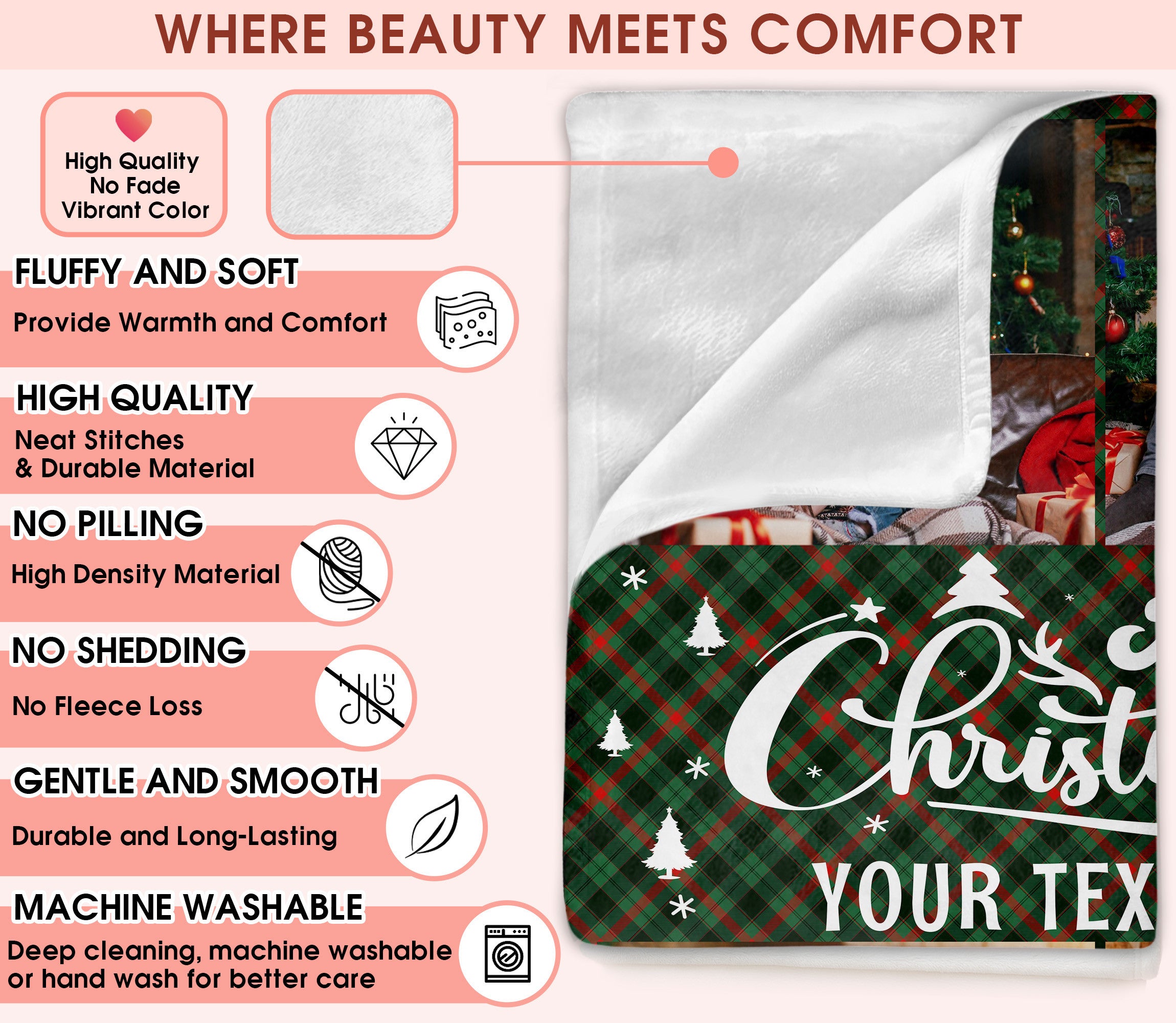 Customized Christmas Blanket with Photos Text, Custom Photo Blanket With Text Picture Collage Multi Background Colors, Customized Sherpa Fleece Picture Throw Blankets Gift For Christmas Thanksgiving (4 Photos)