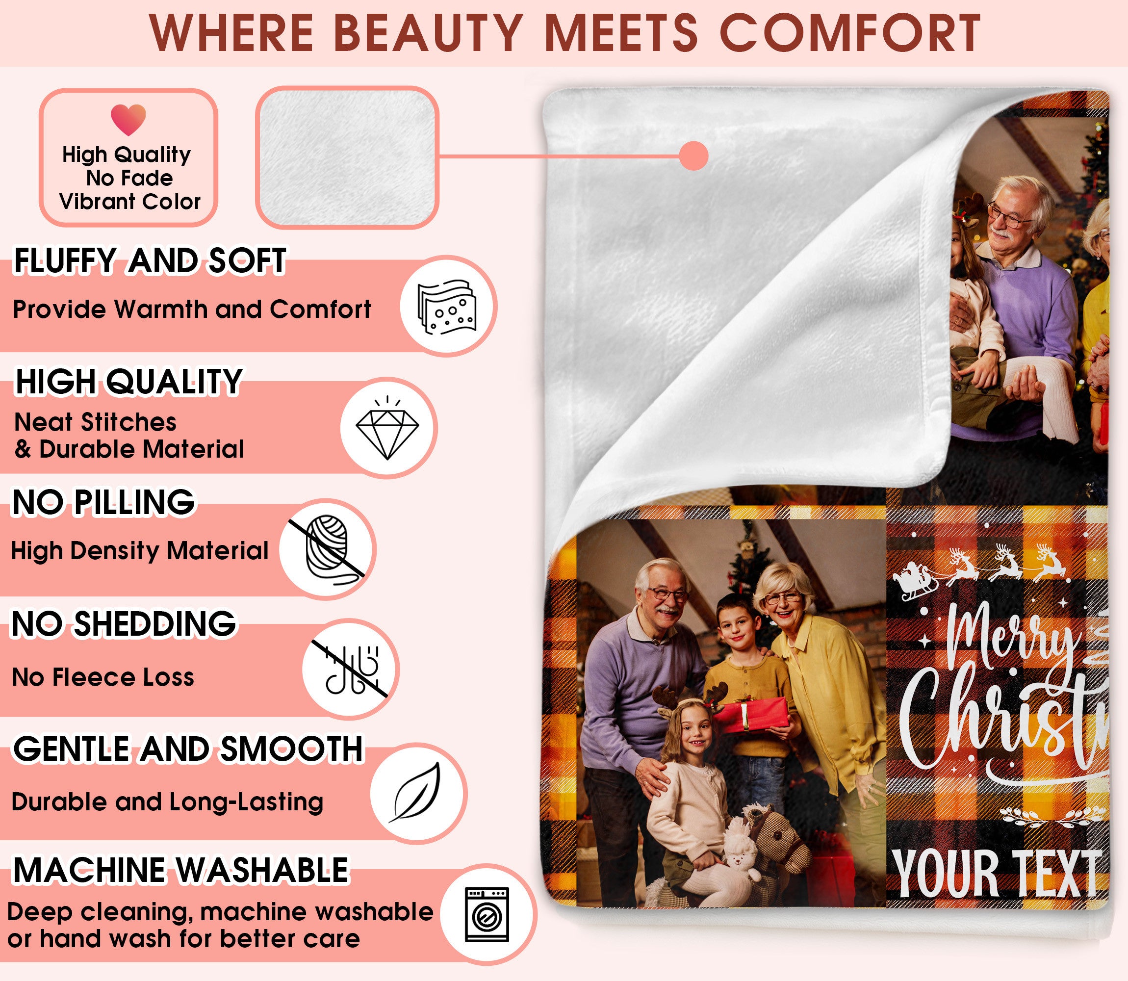 Customized Christmas Blanket with Photos Text, Personalized Photo Throw Blanket with Pictures Text Multi Background Colors, Custom Photos Blankets Christmas Gift for Couple Family Pet Lovers (8 Photos)