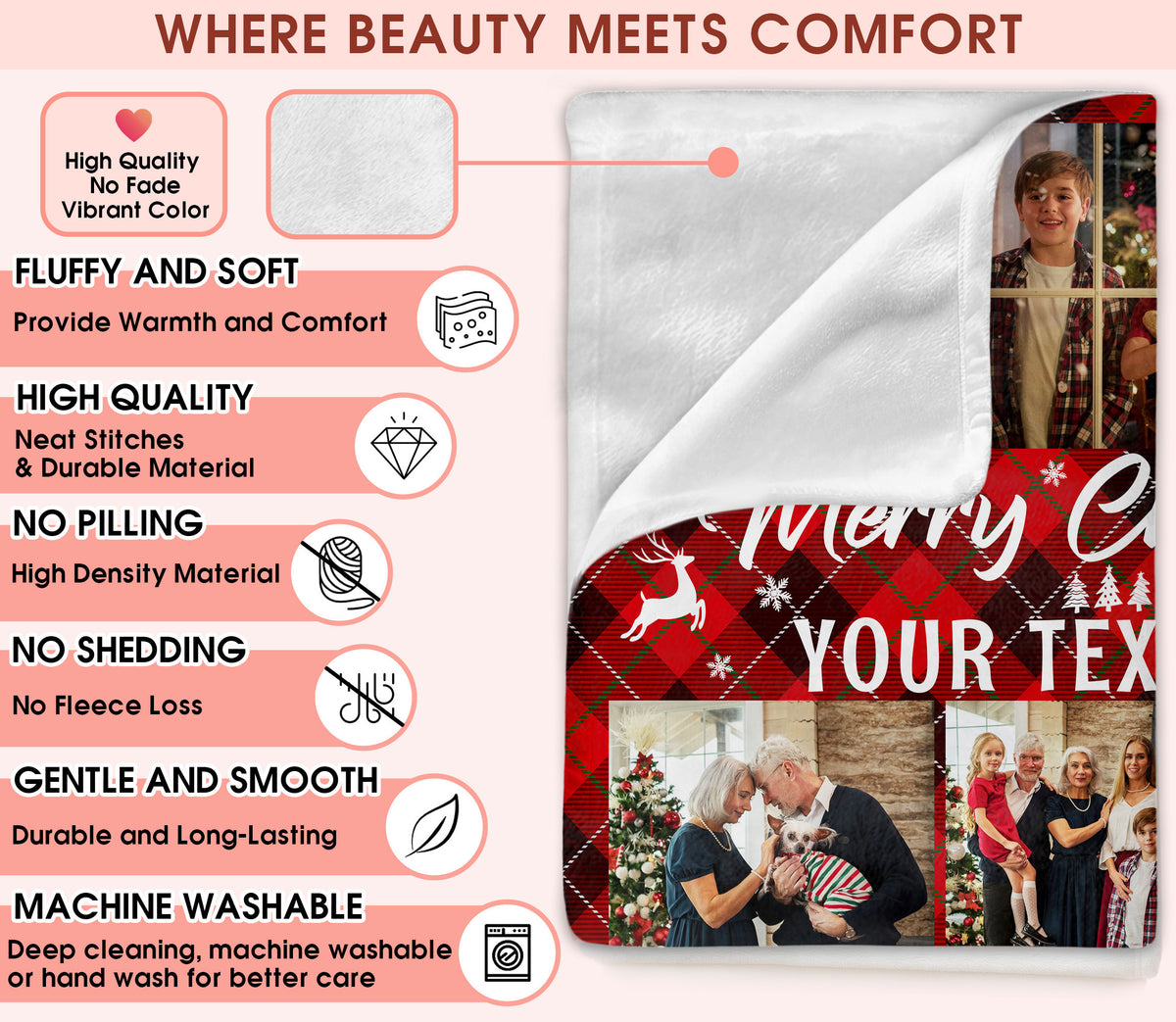 Customized Christmas Blanket with Photos Text, Personalized Photo Blanket with Text Multi Background Colors, Custom Photo Blankets Christmas Gifts For Mom Dad from Son Daughter on Holiday Season (9 Photos)