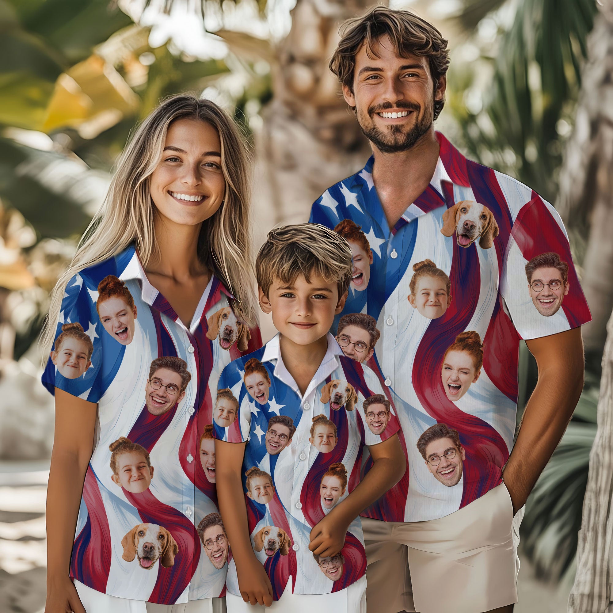 Custom Face Hawaiian Shirt, Personalized USA Flag Waves Shirt for Men, Minimalist Patriotic Shirt, July 4th Gift