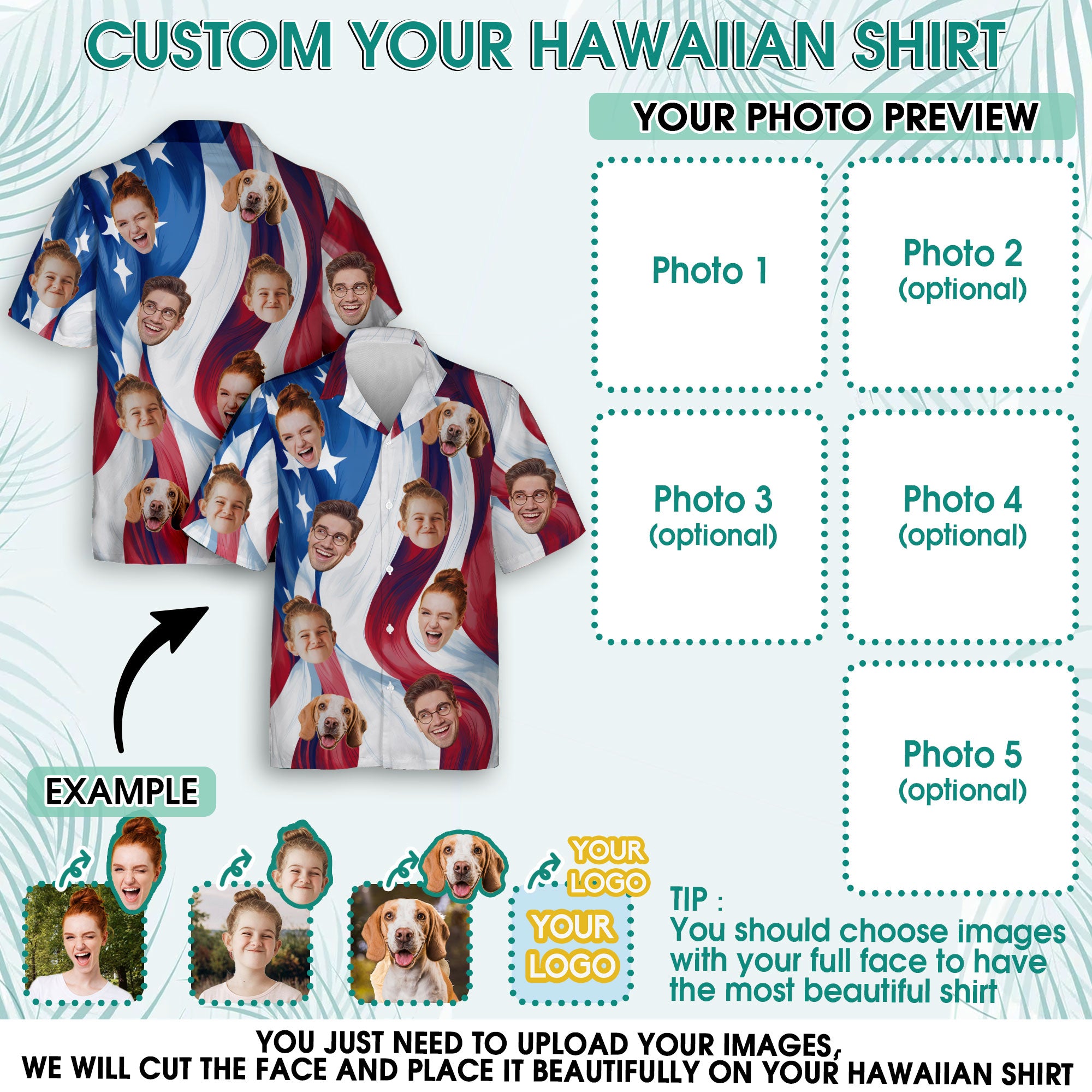 Custom Face Hawaiian Shirt, Personalized USA Flag Waves Shirt for Men, Minimalist Patriotic Shirt, July 4th Gift