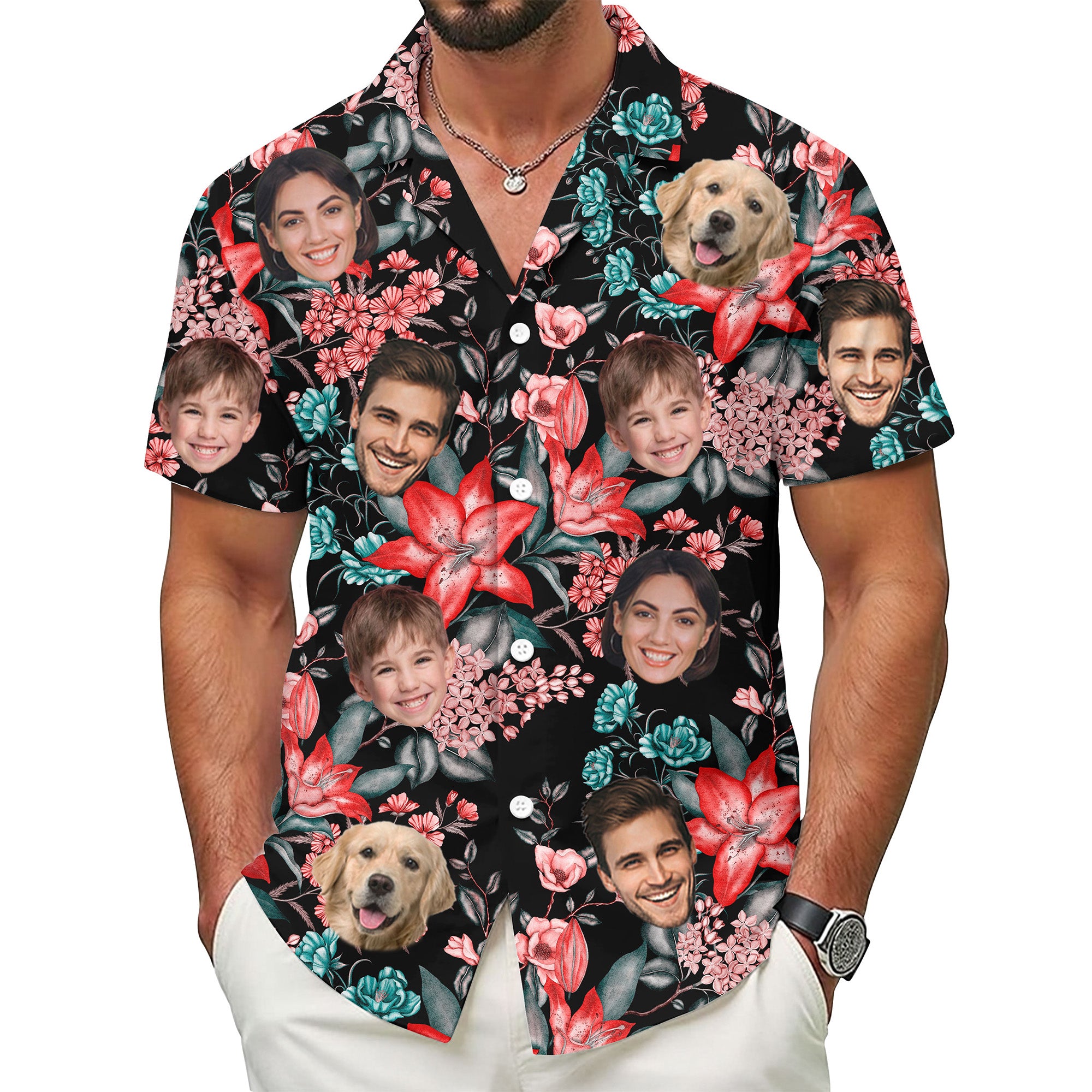 Custom Face Shirt, Personalized Black Floral Hawaiian Shirt for Men, for Friends & Husbands, Perfect Gift for Vacations, Birthdays, or Father’s Day