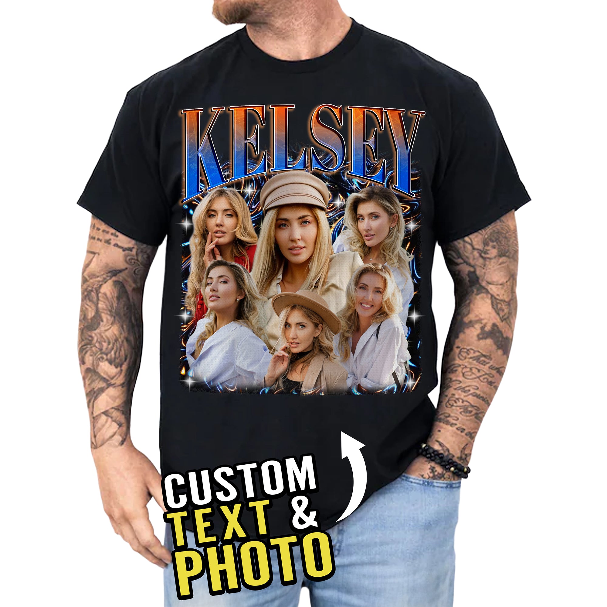 Vintage Bootleg Style Custom T-Shirt , Add Your Picture & Text , Trendy Gift for Couples & Friends