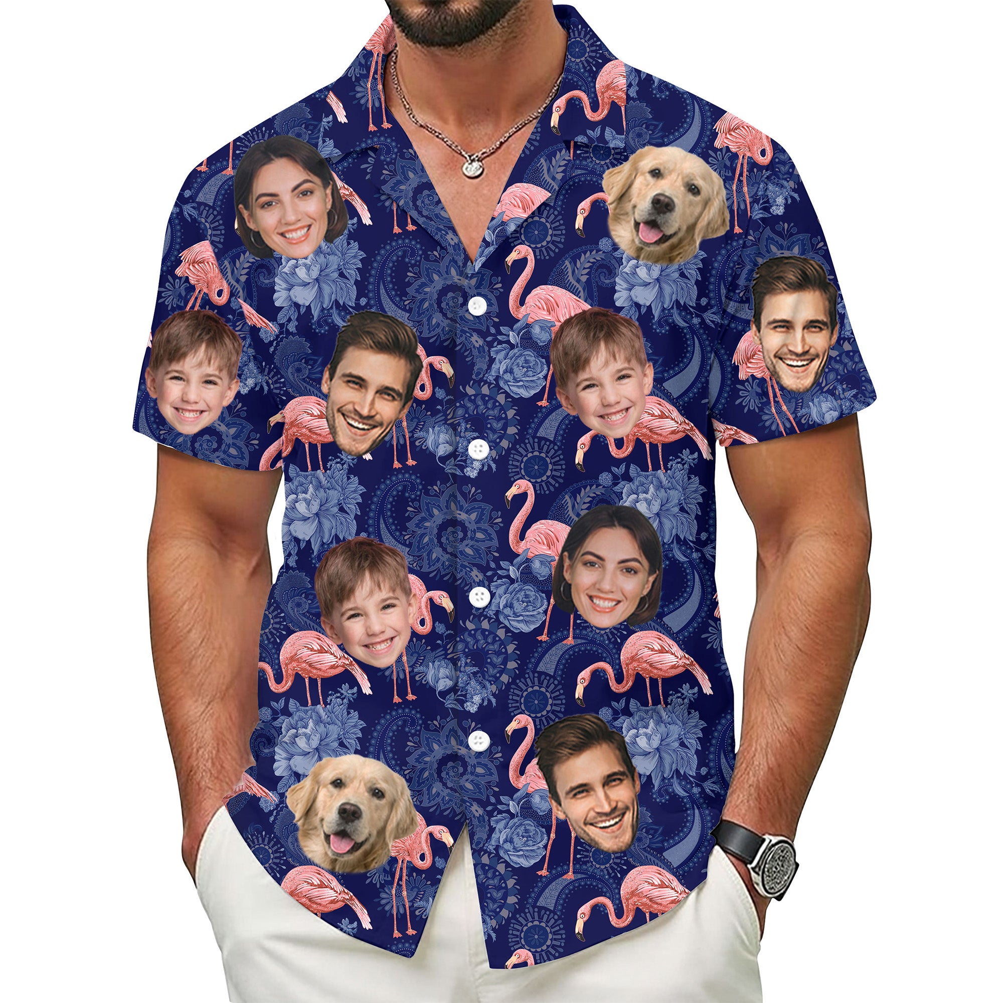 Custom Face Hawaiian Shirt, Personalized Flamingo Family Photo Shirt, For Men, Dads, and Friends, Gift for Birthdays, Vacations, or Anniversaries
