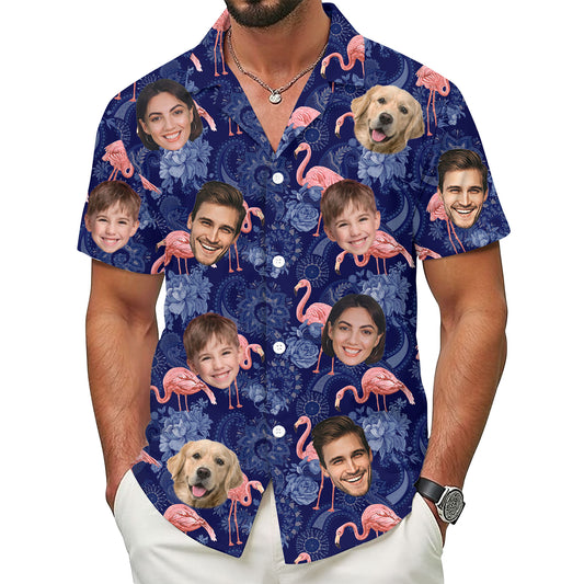 Custom Face Hawaiian Shirt, Personalized Flamingo Family Photo Shirt, For Men, Dads, and Friends, Gift for Birthdays, Vacations, or Anniversaries