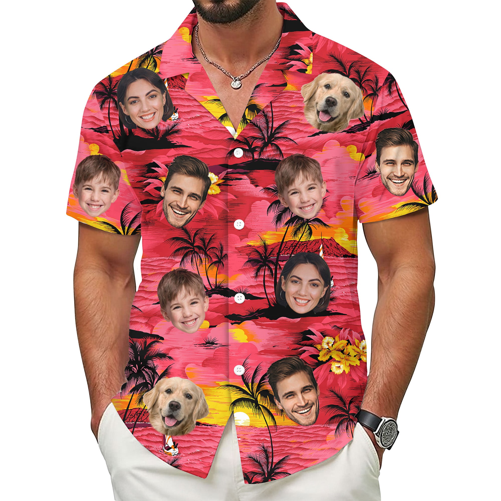 Custom Face Shirt, Personalized Sunset Hawaiian Shirt for Men, Tropical Beach Vacation Gift, For Men & Youth, for Summer or Anniversaries