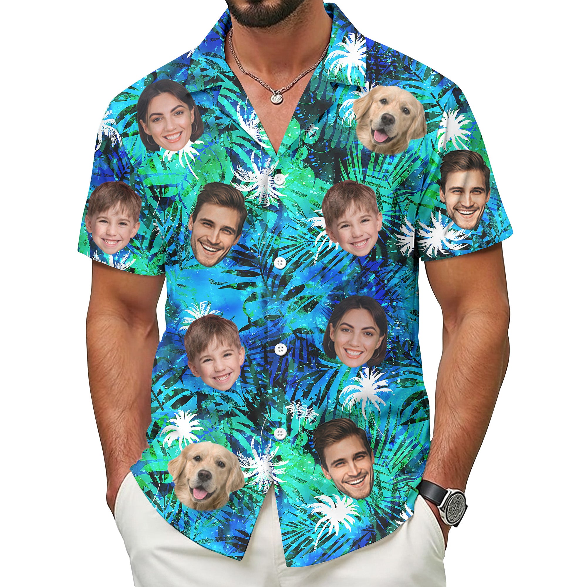 Custom Tropical Blue Hawaiian Shirt with Faces, Personalized Family Beach Vacation Shirt with Pet Photo, for Boyfriends, Husbands, for Special Days