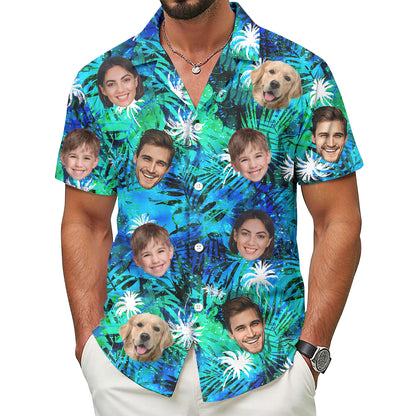 Custom Tropical Blue Hawaiian Shirt with Faces, Personalized Family Beach Vacation Shirt with Pet Photo, for Boyfriends, Husbands, for Special Days