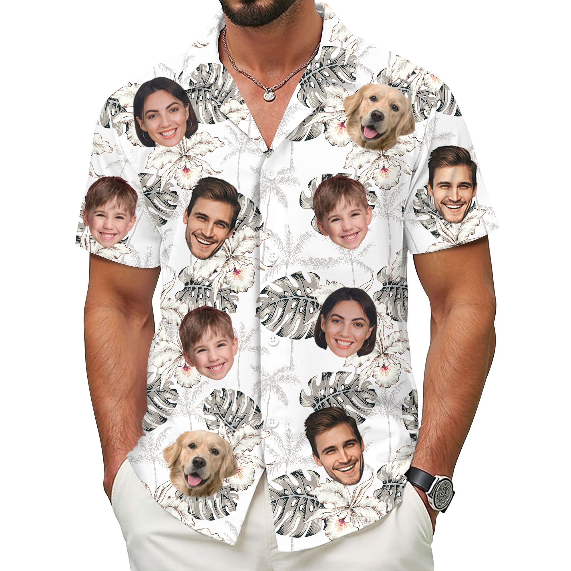 Custom Face Hawaiian Shirt, Personalized White Monstera Floral Shirt for Men, Funny Tropical Gift, For Boyfriends Husbands, Gift for Anniversaries