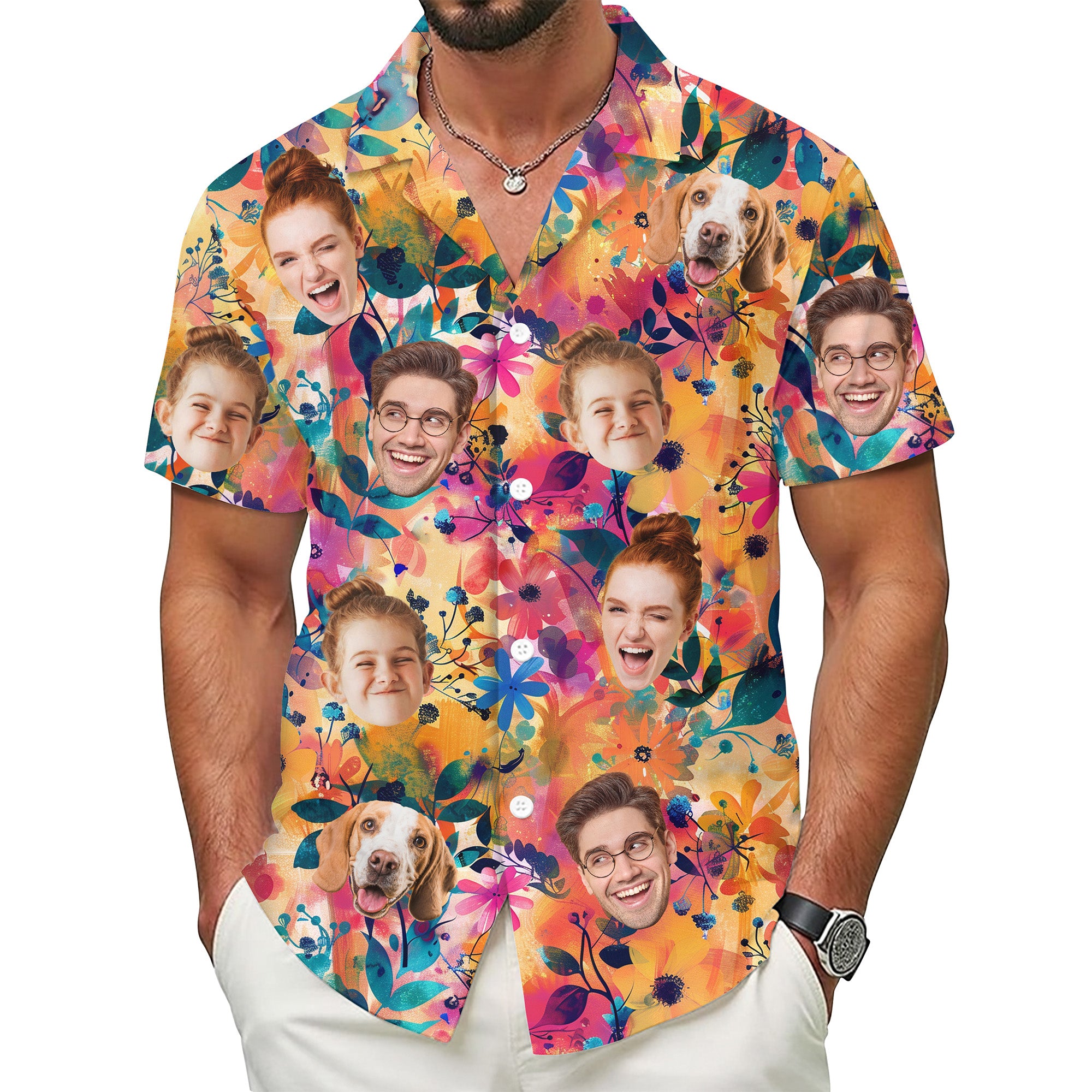 Custom Face Hawaiian Shirt, Personalized Tropical Floral Shirt with Family and Pet Faces, Funny Summer Vacation Gift for Men, for Dads, and Friends