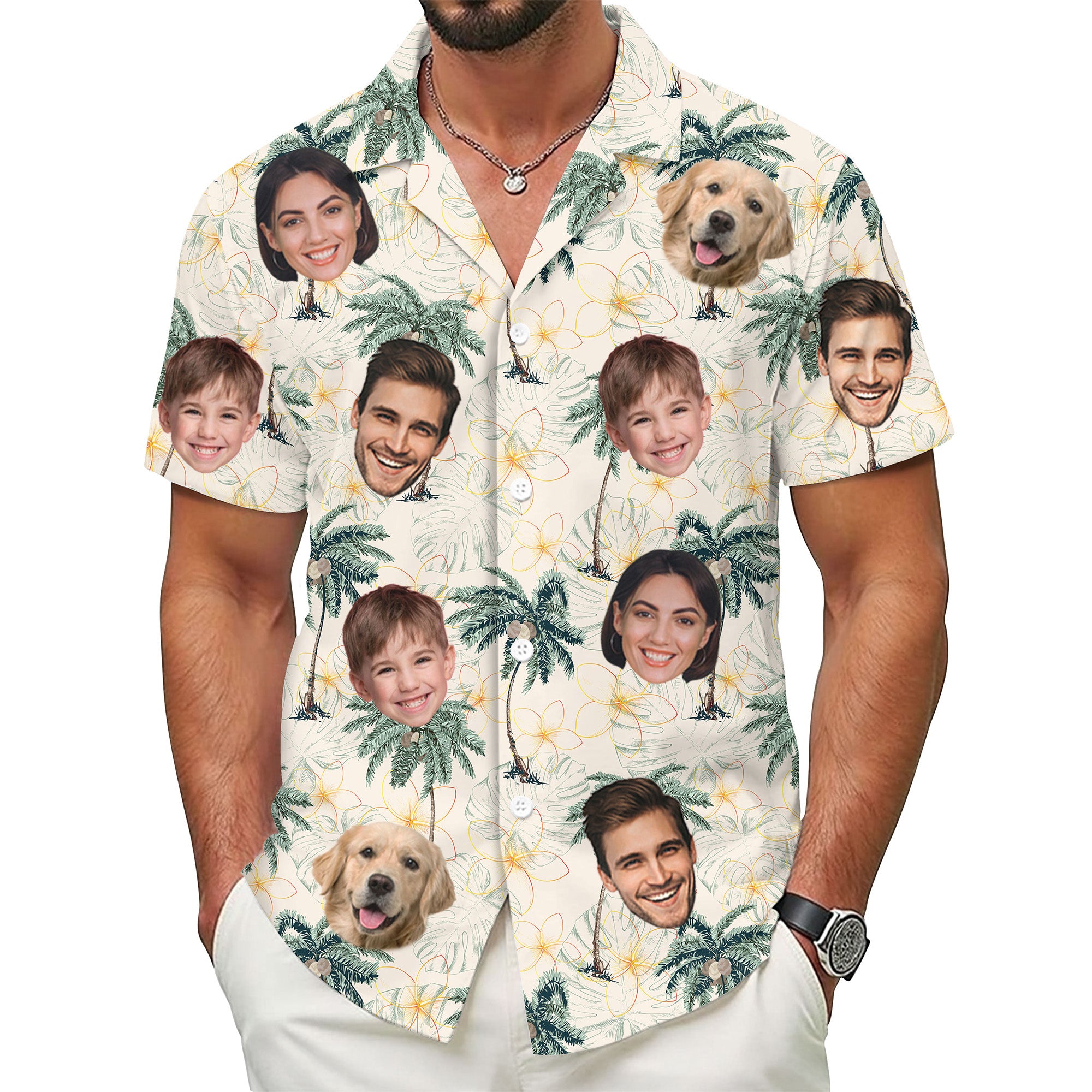 Custom Face Hawaiian Shirt for Men, Personalized Vacation Shirt with Family & Pet Faces, Palm Tree, for Dads, and Husbands, Gift for Anniversaries